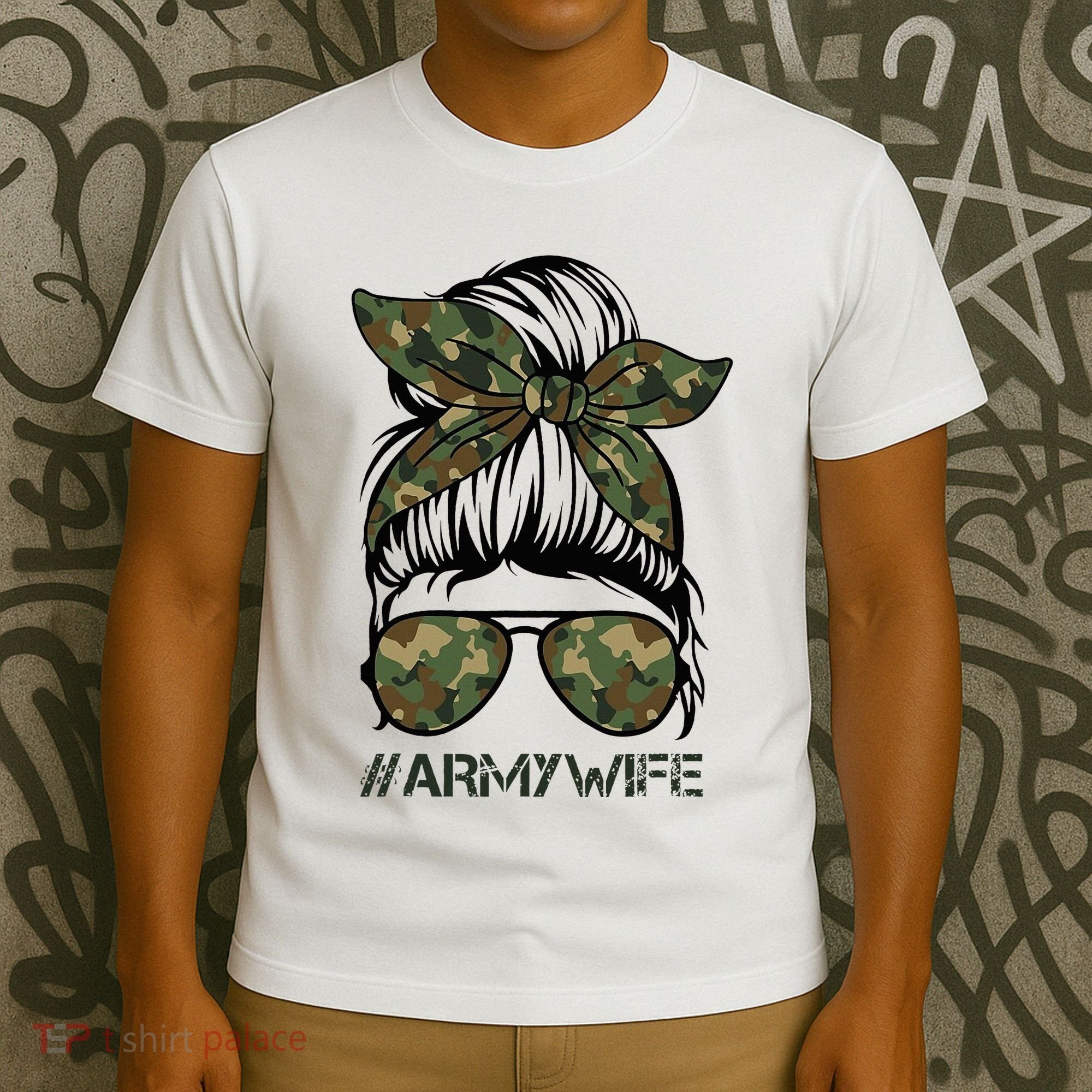 Army Wife Messy Bun Veteran Camouflage Bandana Sunglasses T-Shirt