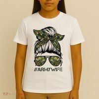 Army Wife Messy Bun Veteran Camouflage Bandana Sunglasses T-Shirt thumb 4