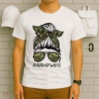 Army Wife Messy Bun Veteran Camouflage Bandana Sunglasses T-Shirt thumb 6