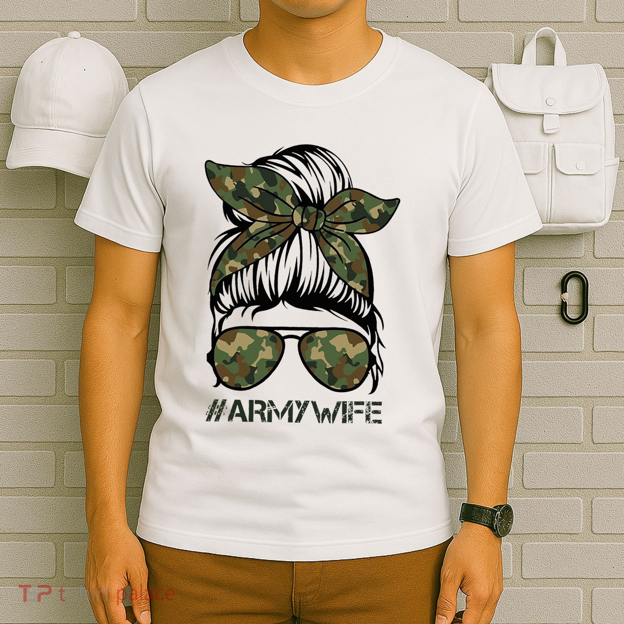Army Wife Messy Bun Veteran Camouflage Bandana Sunglasses T-Shirt