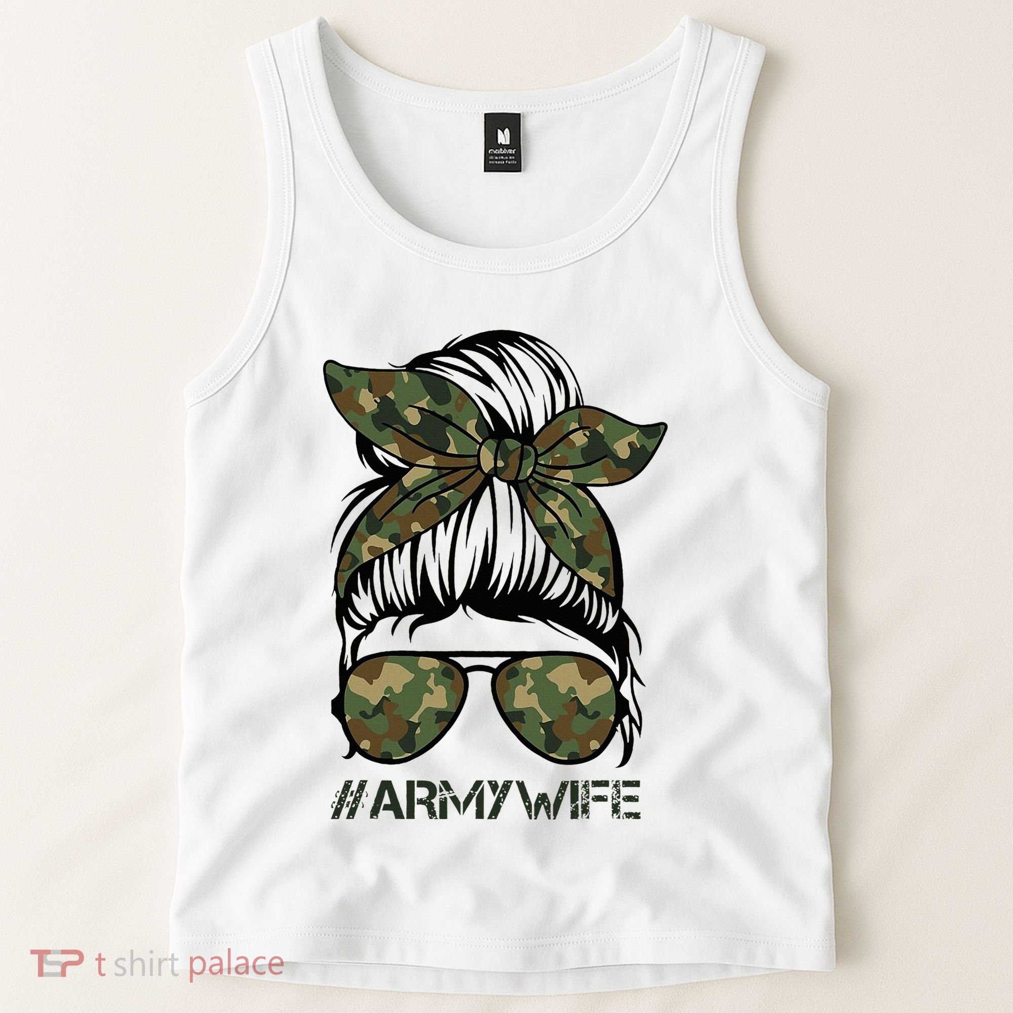 Army Wife Messy Bun Veteran Camouflage Bandana Sunglasses Tank Top