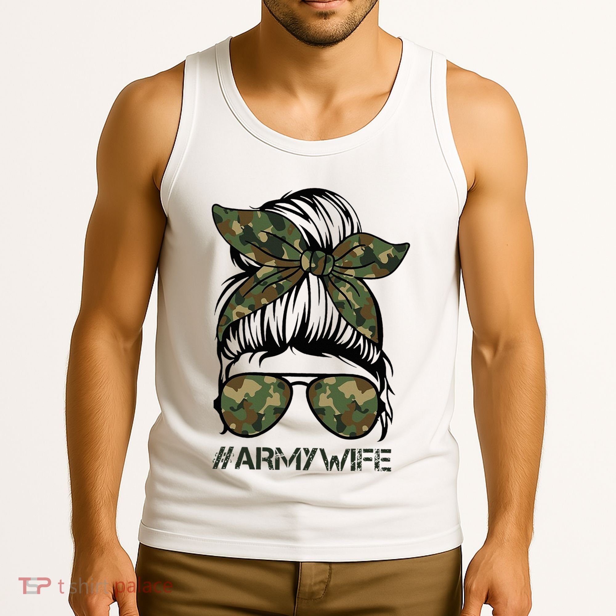 Army Wife Messy Bun Veteran Camouflage Bandana Sunglasses Tank Top