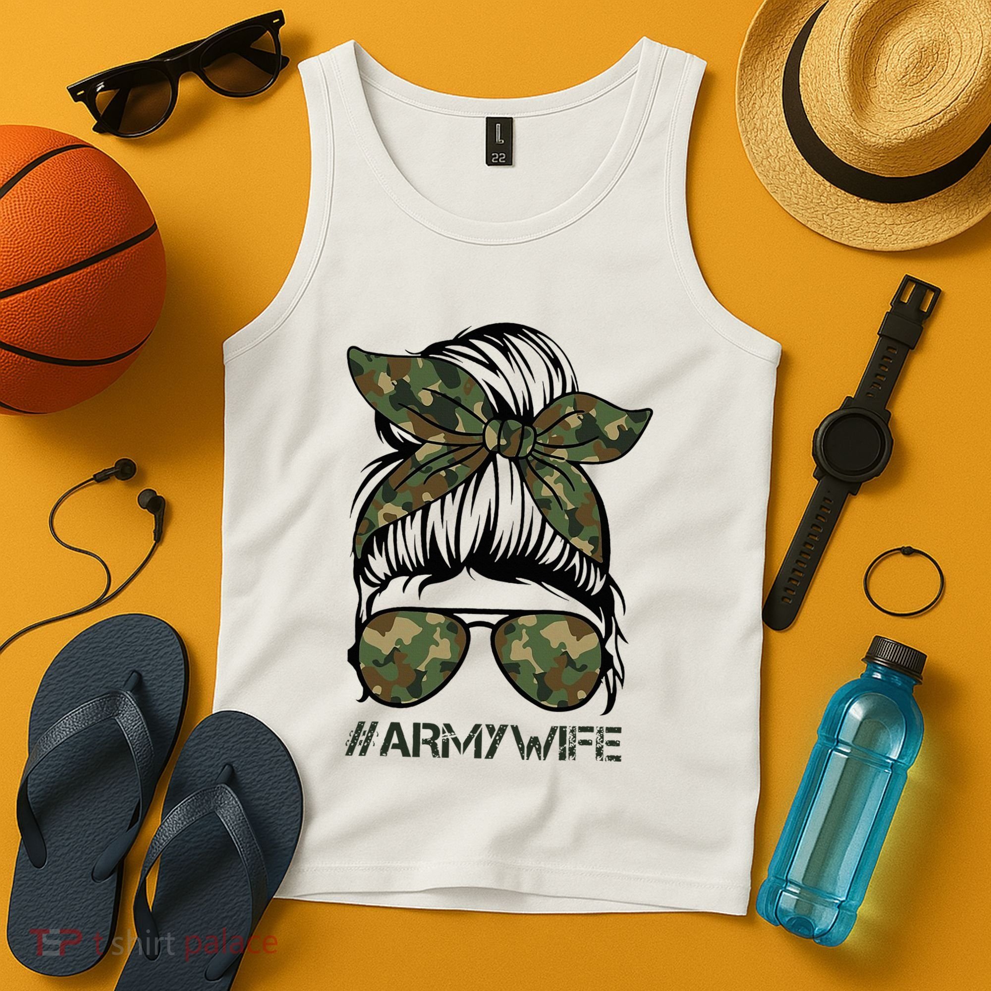 Army Wife Messy Bun Veteran Camouflage Bandana Sunglasses Tank Top