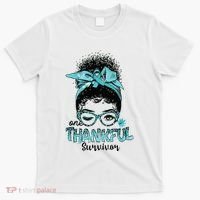 Afro Women Ovarian Cancer Awareness One Thankful Survivor T-Shirt thumb 0