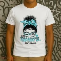 Afro Women Ovarian Cancer Awareness One Thankful Survivor T-Shirt thumb 3