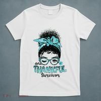 Afro Women Ovarian Cancer Awareness One Thankful Survivor T-Shirt thumb 5