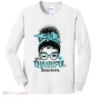 Afro Women Ovarian Cancer Awareness One Thankful Survivor Kids Long Sleeve Shirt thumb 0