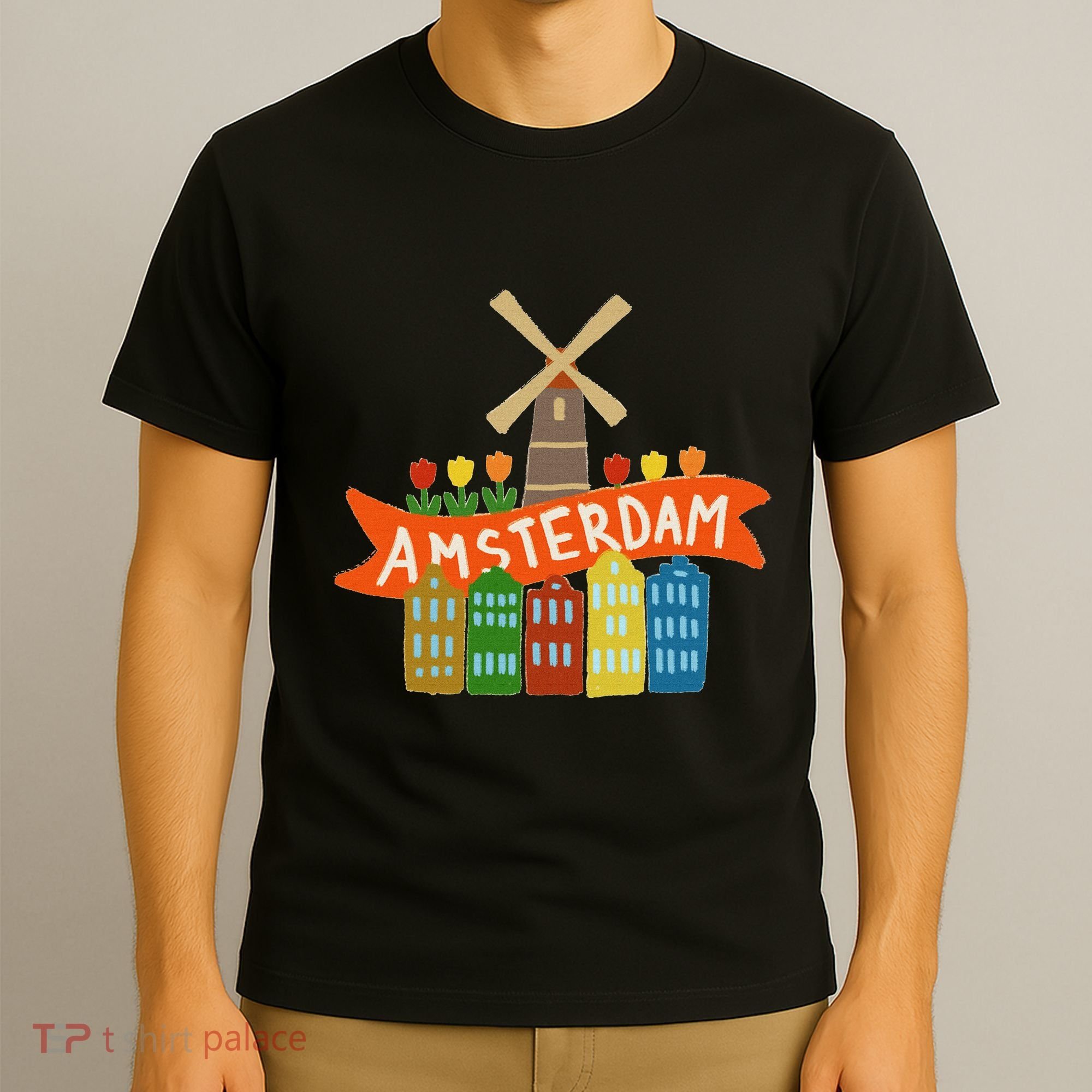 Amsterdam Windmill Tulips Houses Holland Netherlands T-Shirt