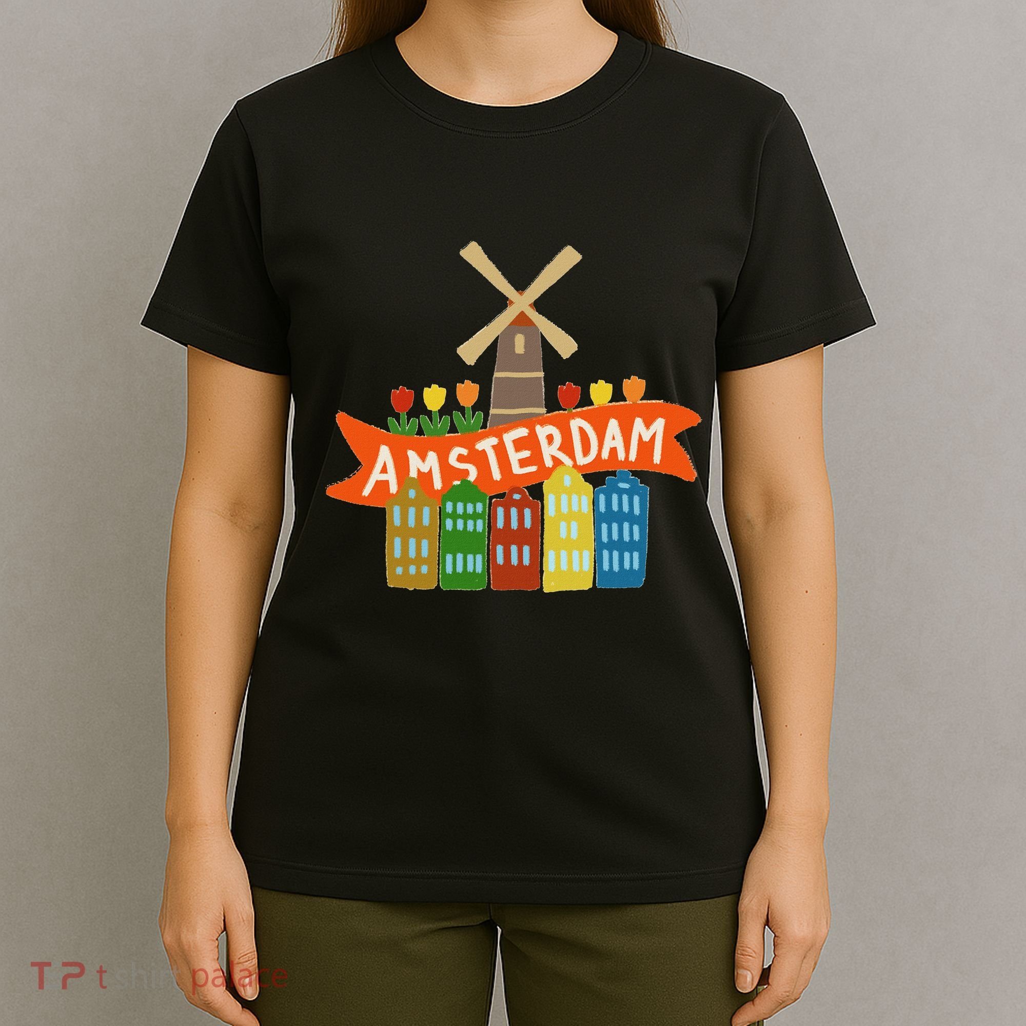 Amsterdam Windmill Tulips Houses Holland Netherlands T-Shirt