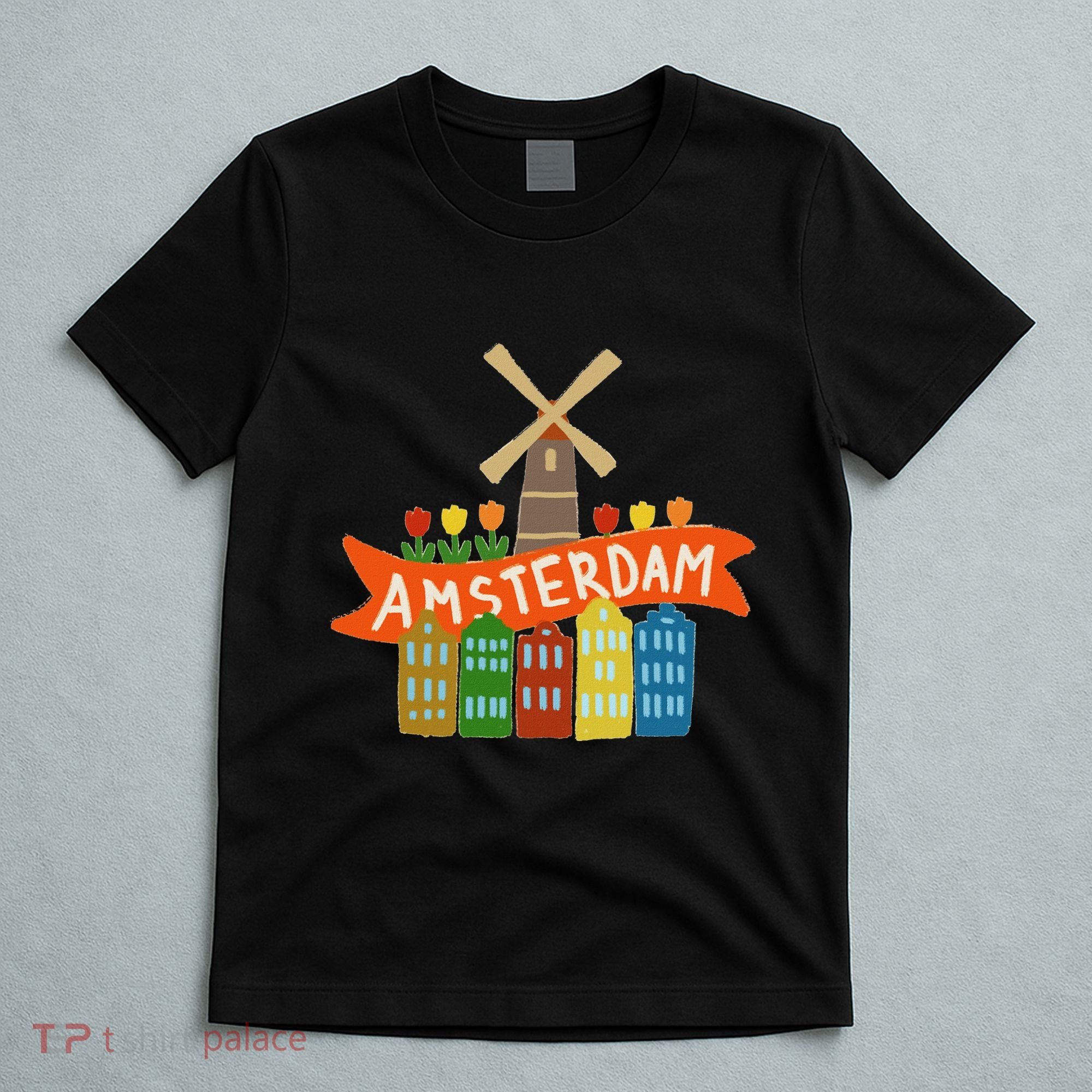 Amsterdam Windmill Tulips Houses Holland Netherlands T-Shirt