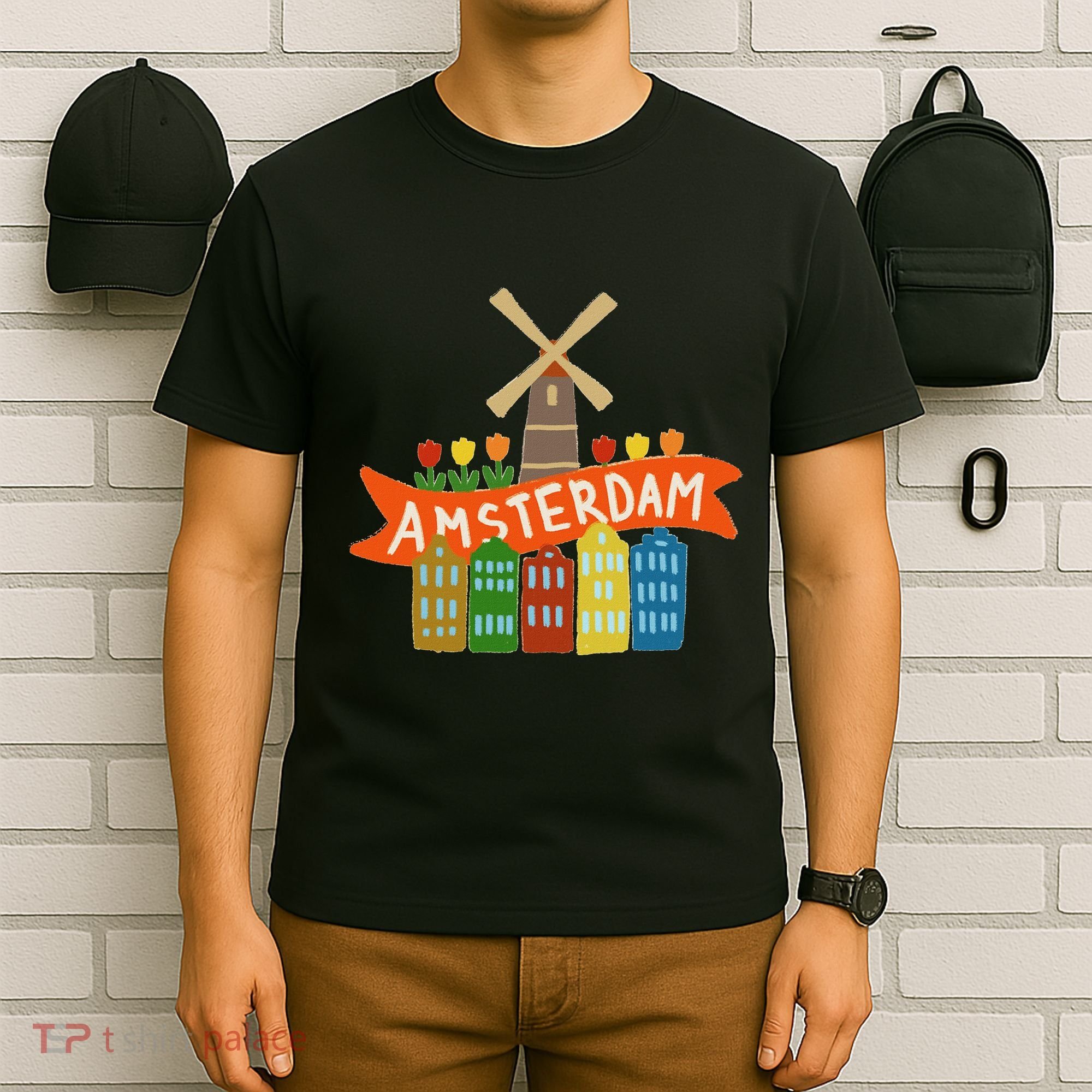 Amsterdam Windmill Tulips Houses Holland Netherlands T-Shirt