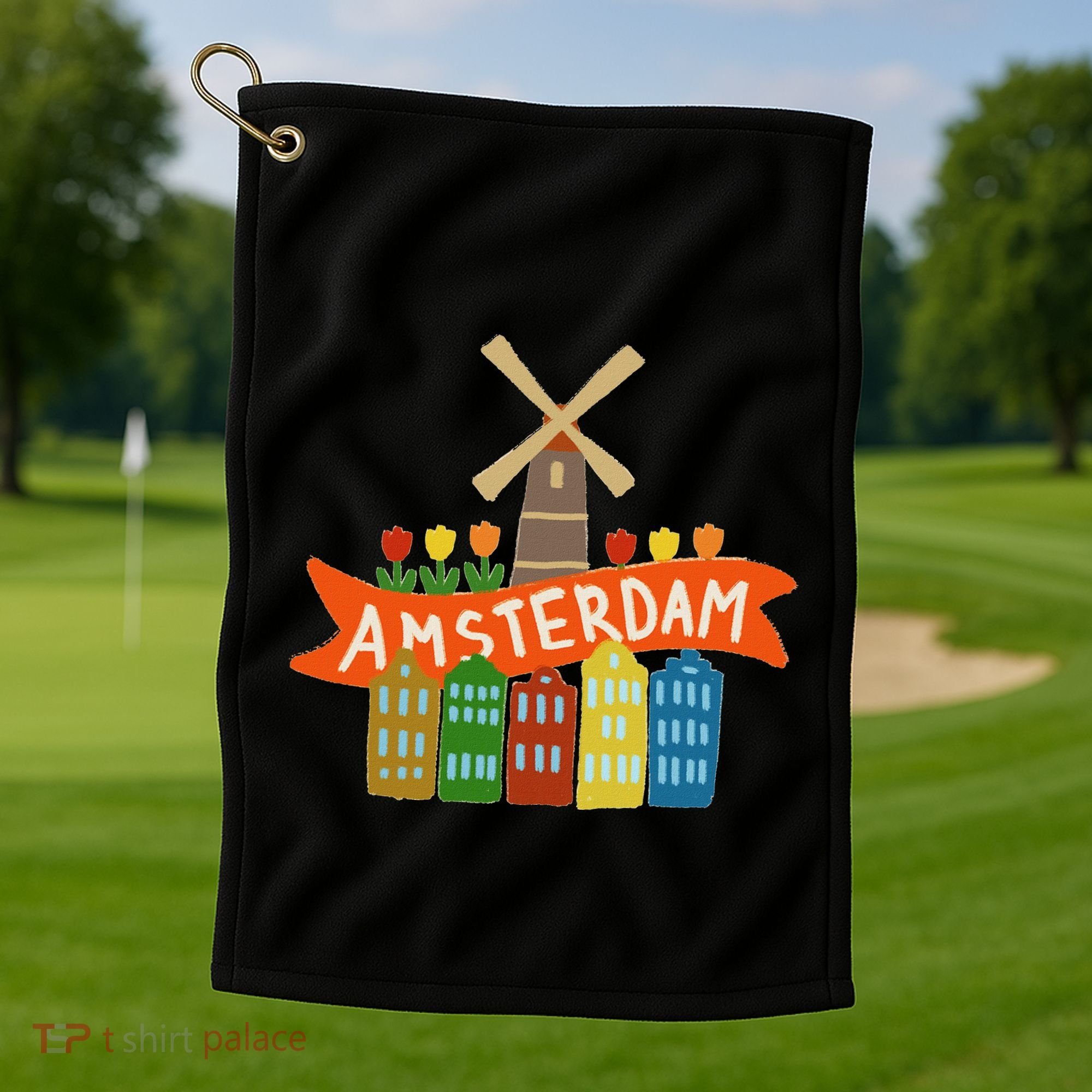 Amsterdam Windmill Tulips Houses Holland Netherlands Golf Towel