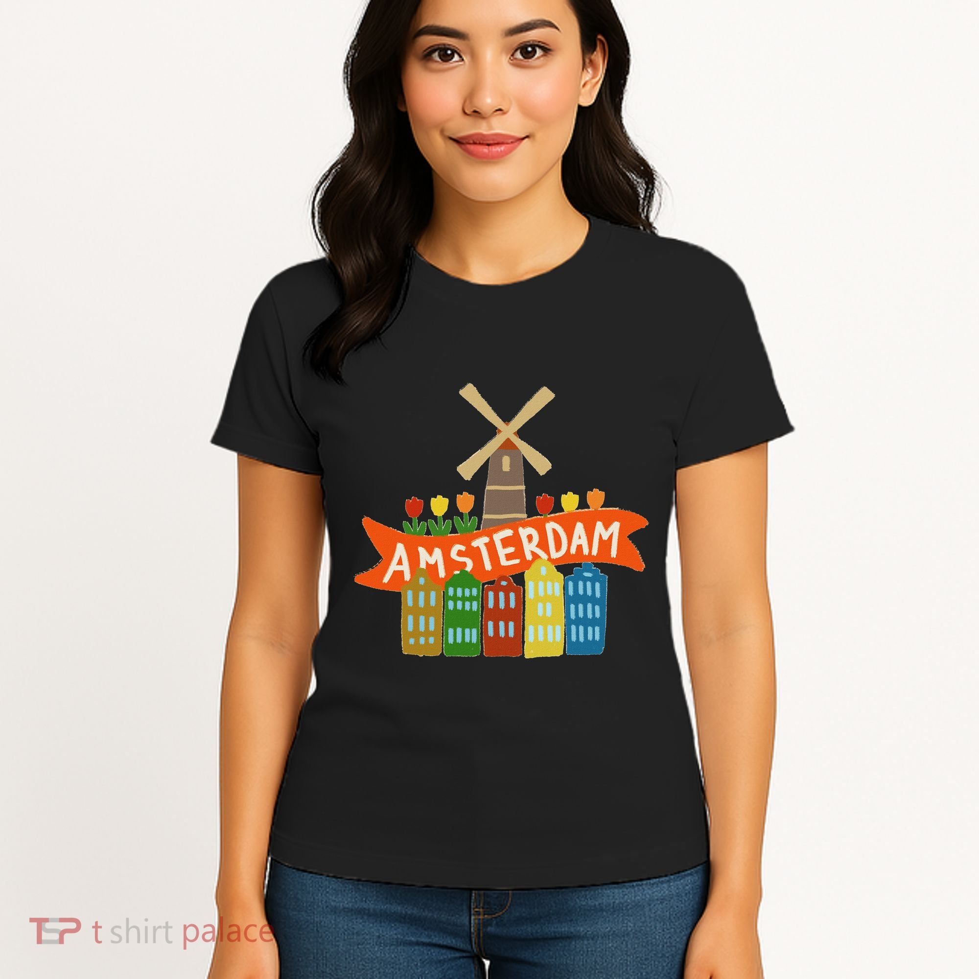 Amsterdam Windmill Tulips Houses Holland Netherlands Women's T-Shirt