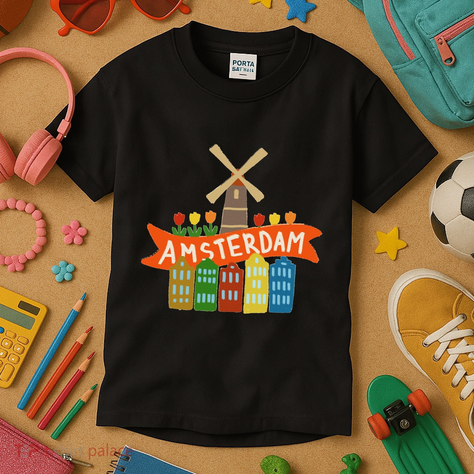 Amsterdam Windmill Tulips Houses Holland Netherlands Kids T-Shirt