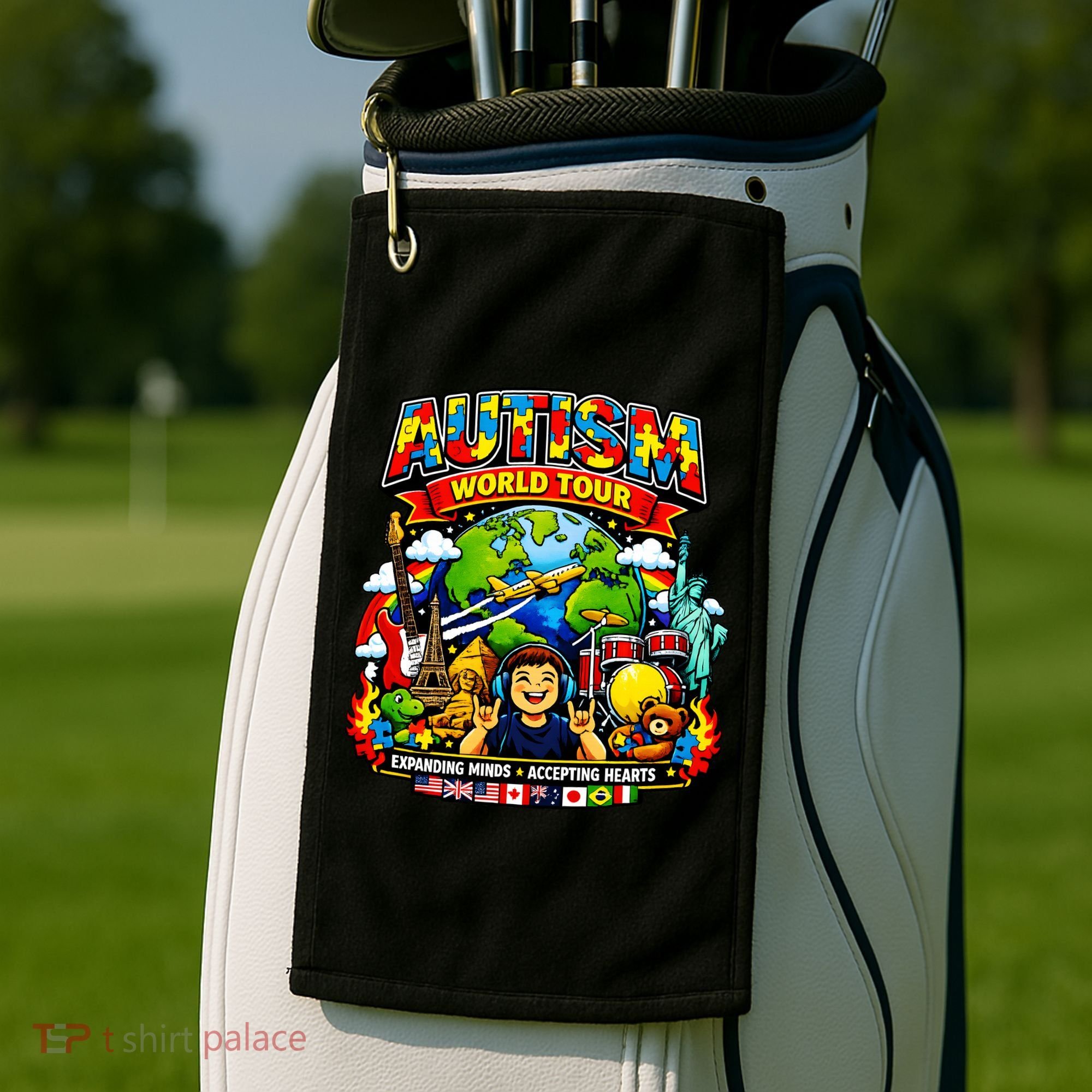 Autism World Tour Exapanding Minds Acepting Hearts Golf Towel