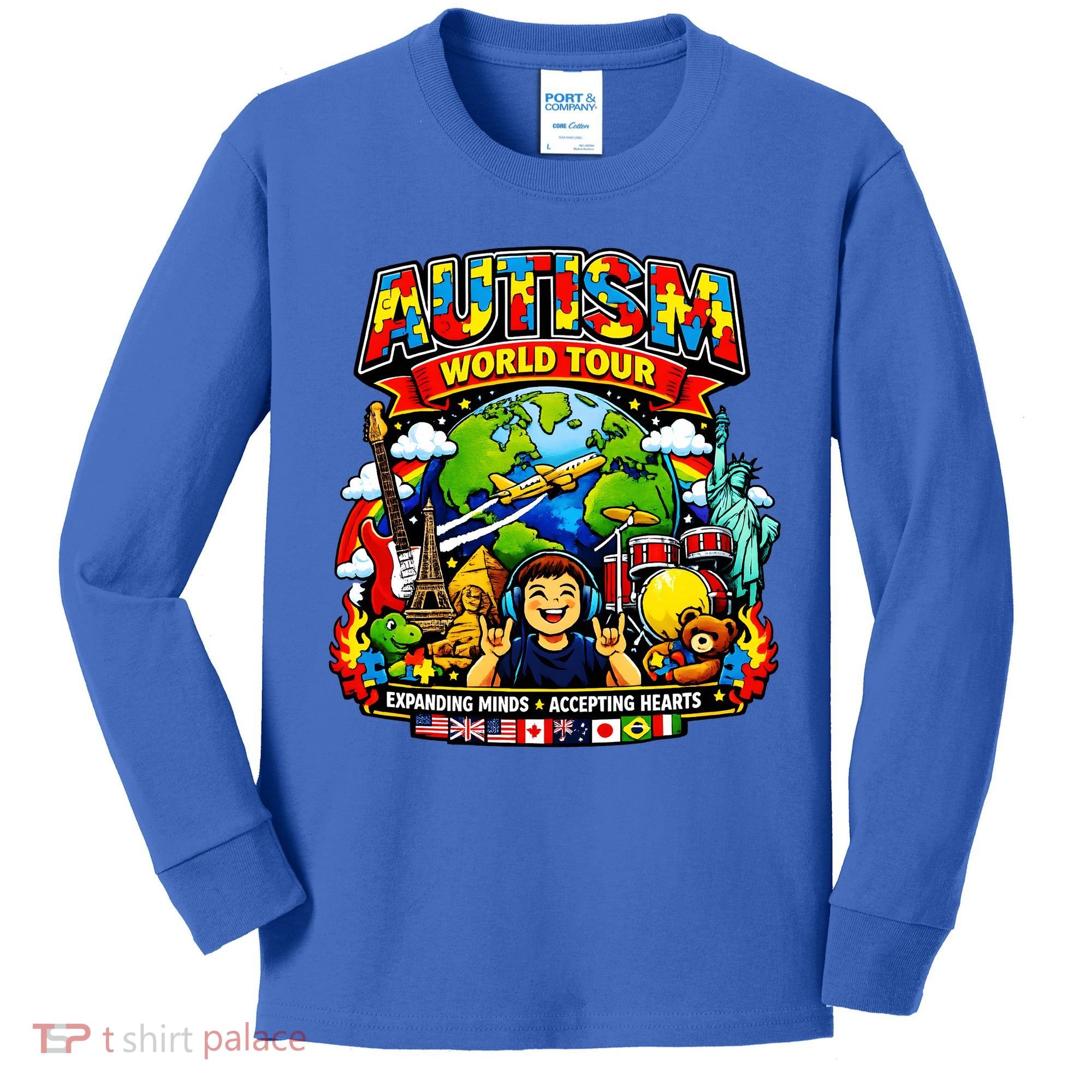 Autism World Tour Exapanding Minds Acepting Hearts Kids Long Sleeve Shirt