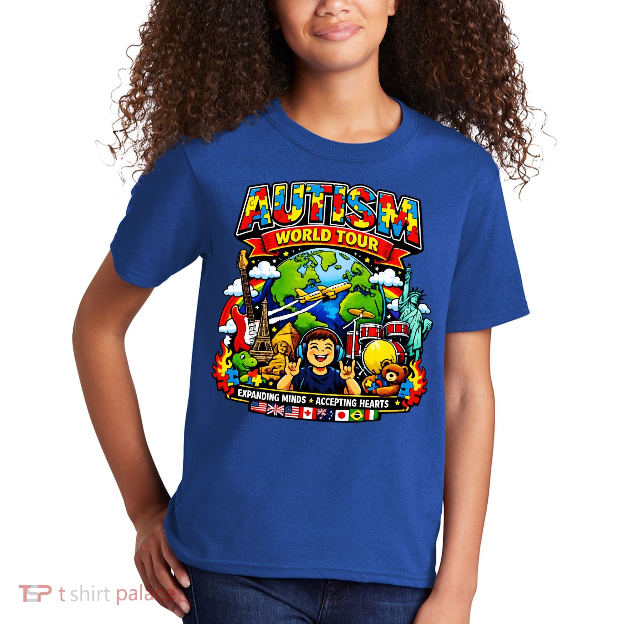 Autism World Tour Exapanding Minds Acepting Hearts Kids T-Shirt