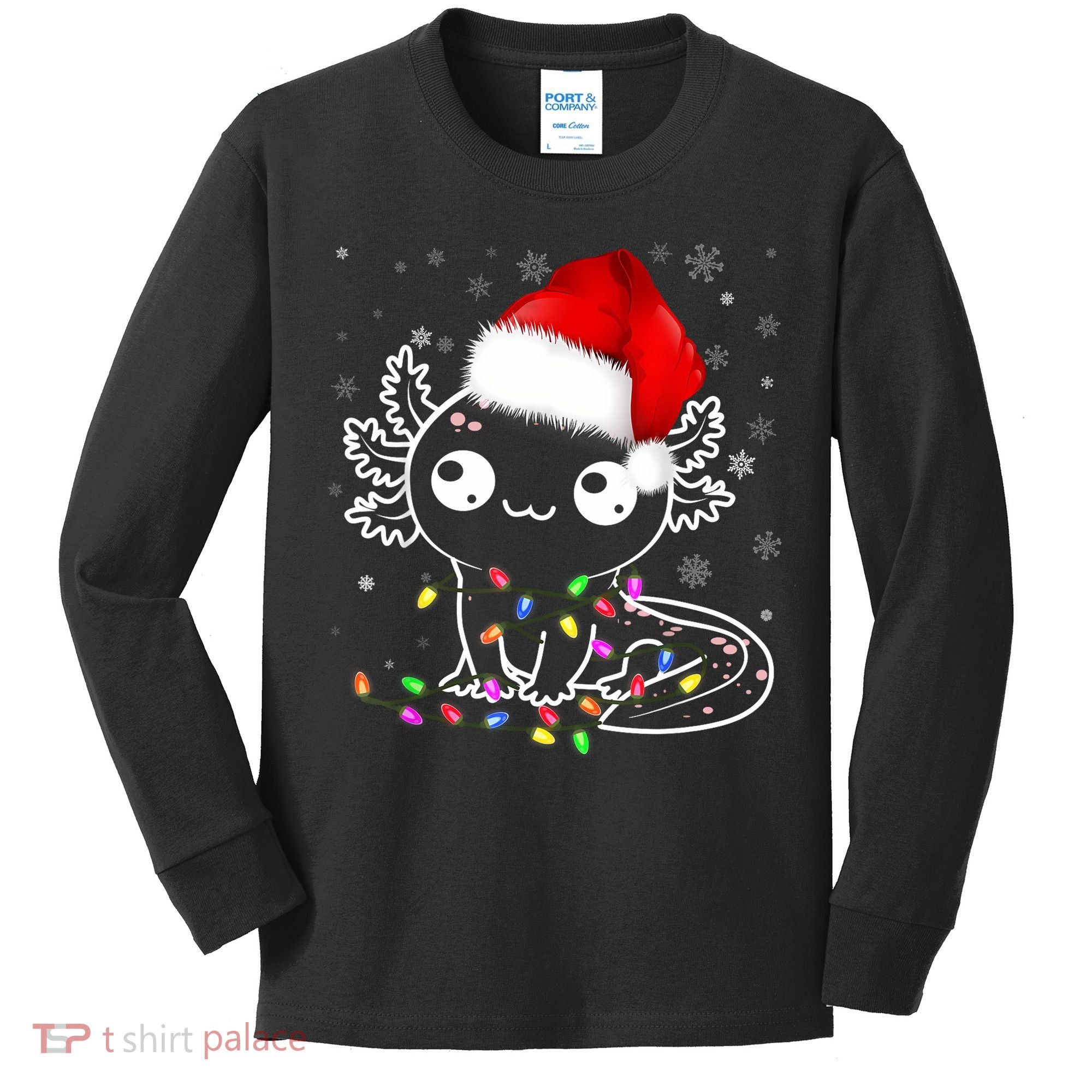 Axolotl Xmas Hat Santa Tree Cute Funny Christmas Pajama Kids Long Sleeve Shirt
