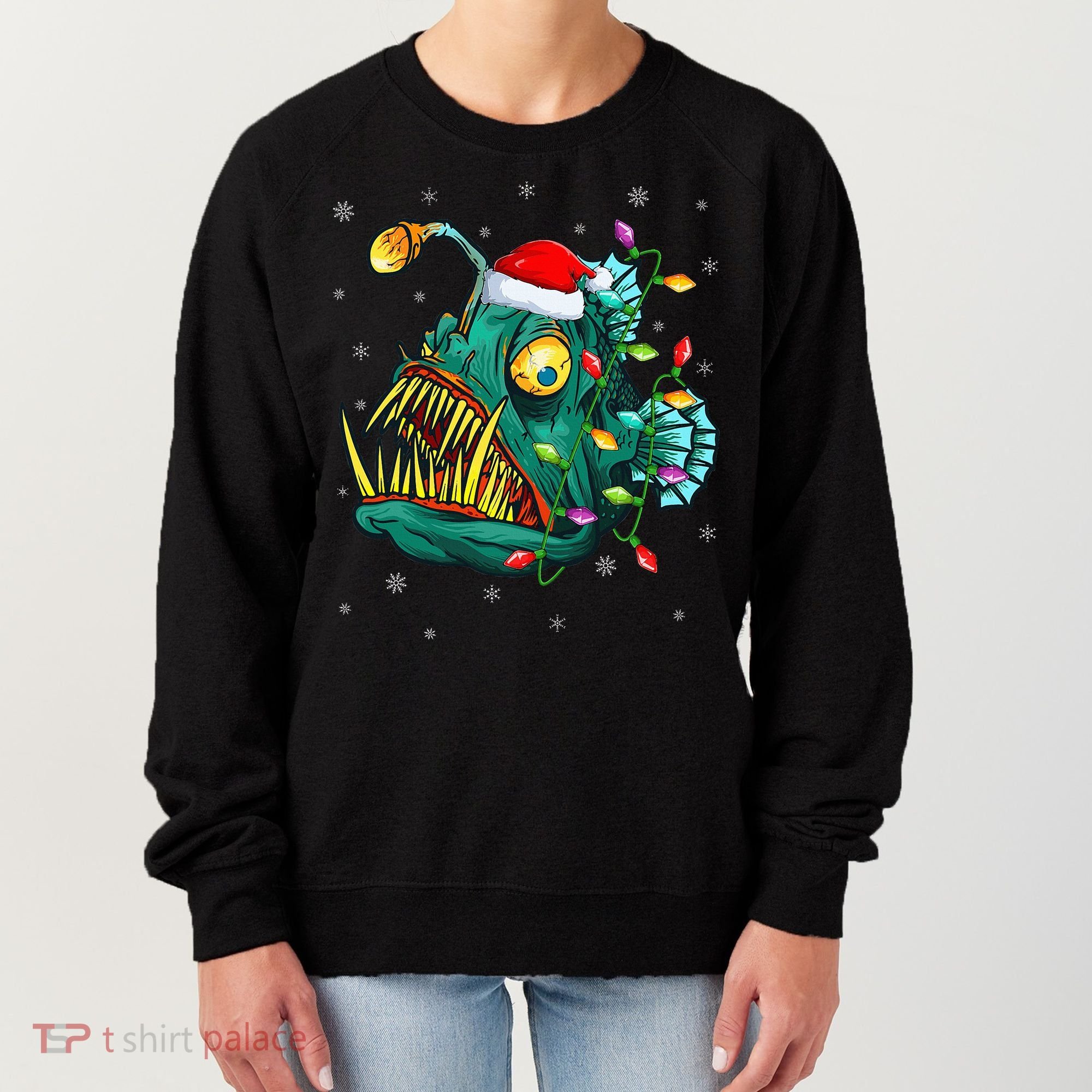 Anglerfish Xmas Lighting Reindeer Hat Anglerfish Christmas Women's Sweatshirt