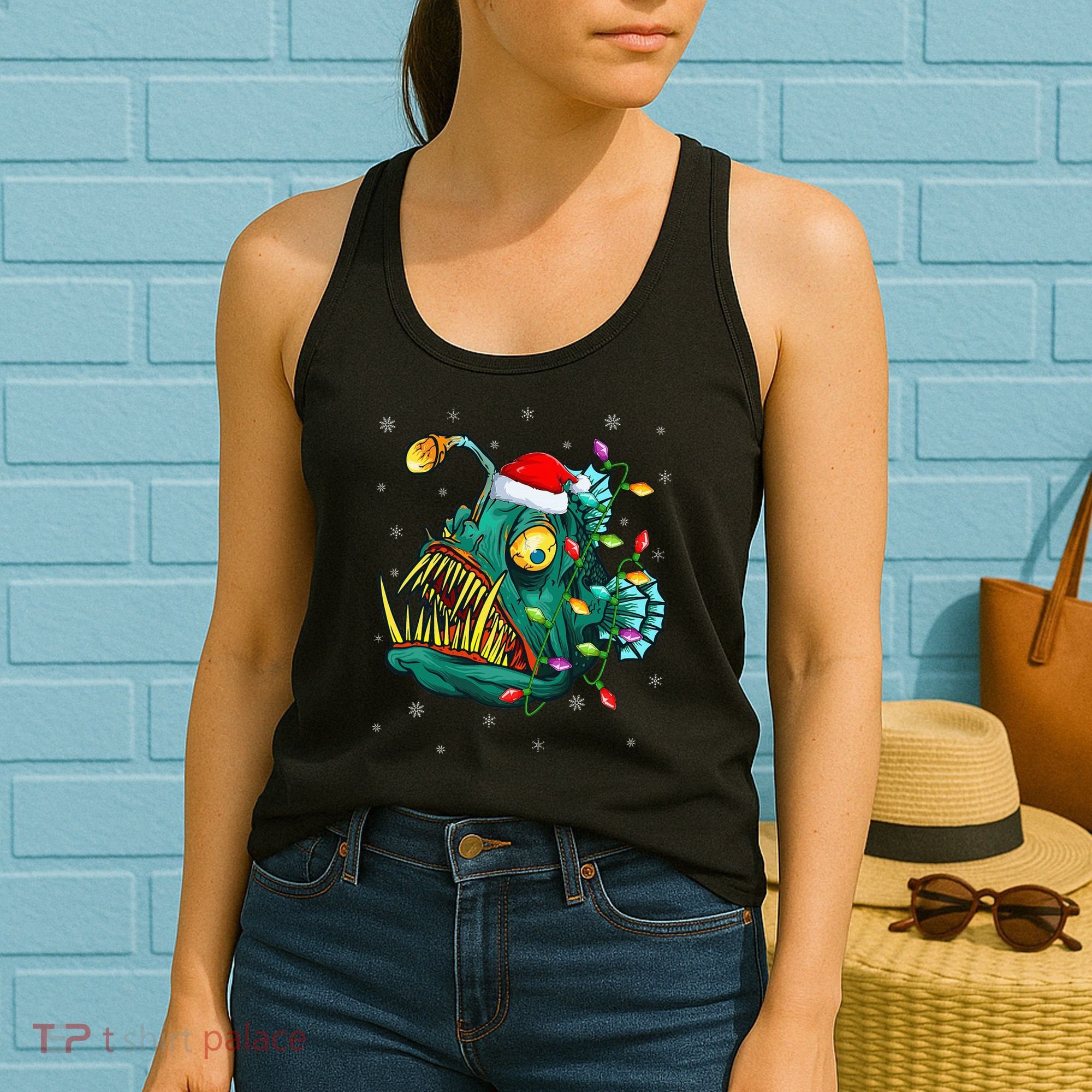 Anglerfish Xmas Lighting Reindeer Hat Anglerfish Christmas Women's Tank Top