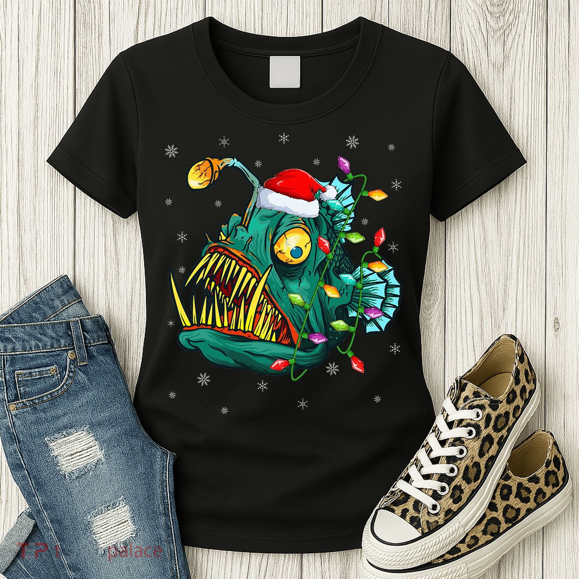 Anglerfish Xmas Lighting Reindeer Hat Anglerfish Christmas Women's T-Shirt
