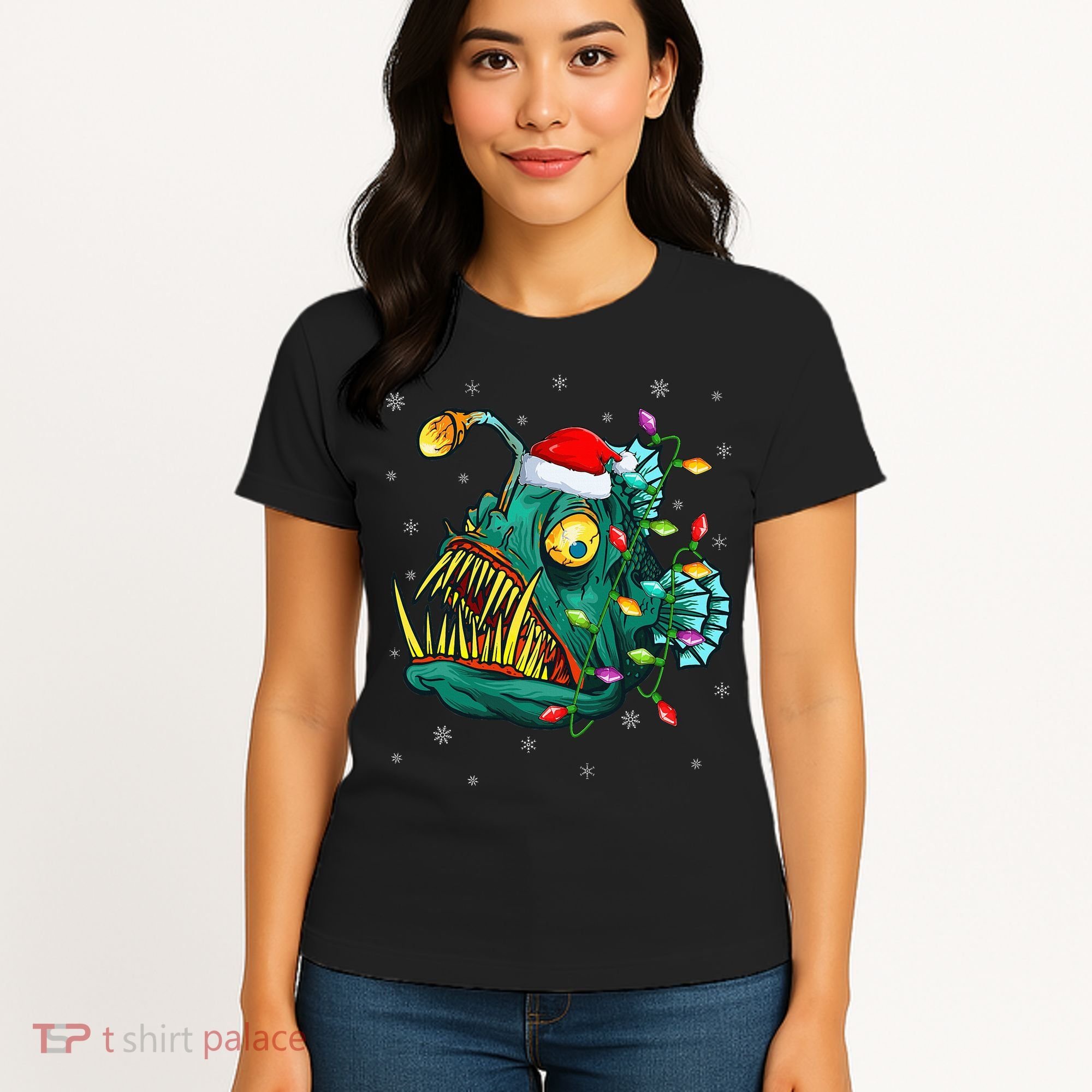 Anglerfish Xmas Lighting Reindeer Hat Anglerfish Christmas Women's T-Shirt