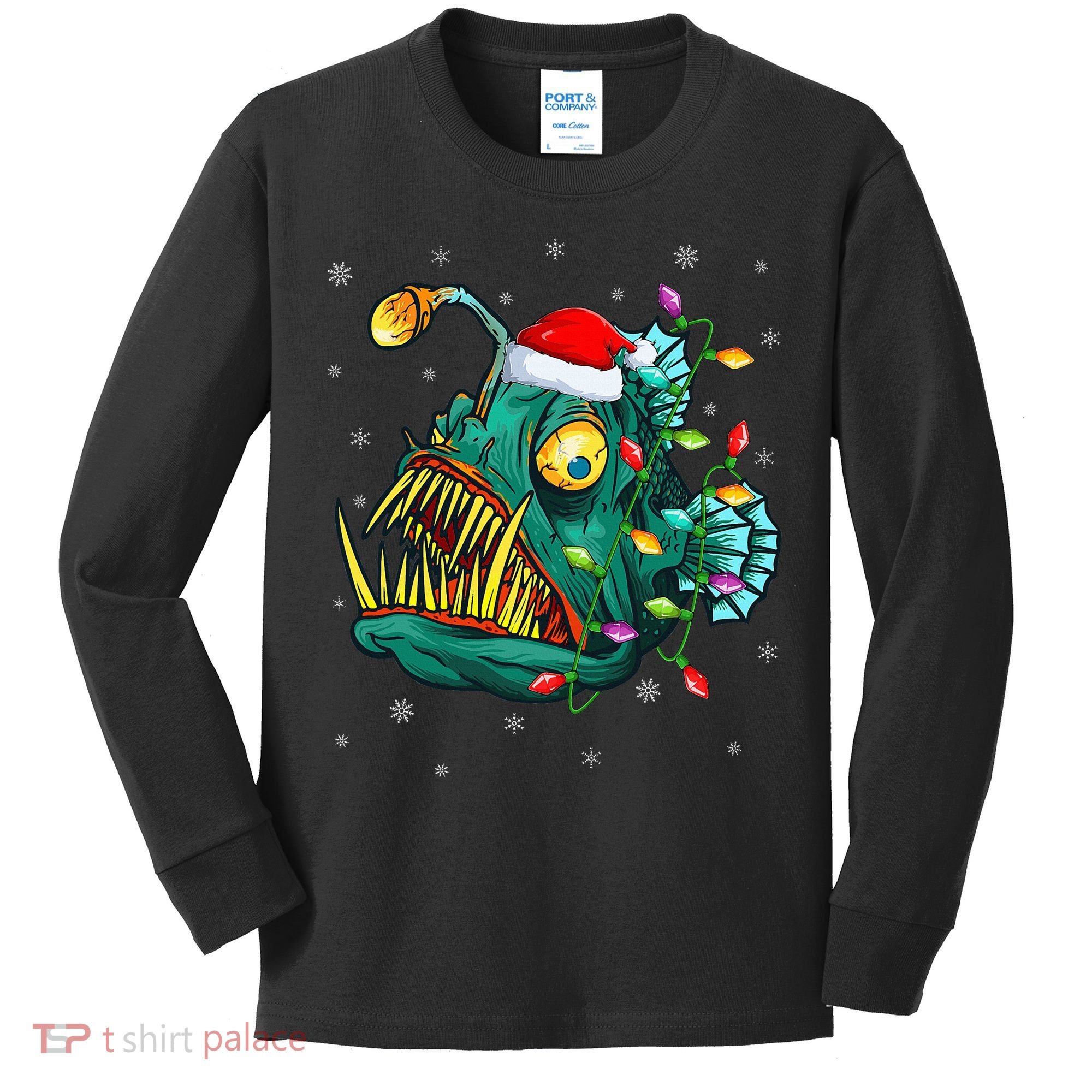 Anglerfish Xmas Lighting Reindeer Hat Anglerfish Christmas Kids Long Sleeve Shirt