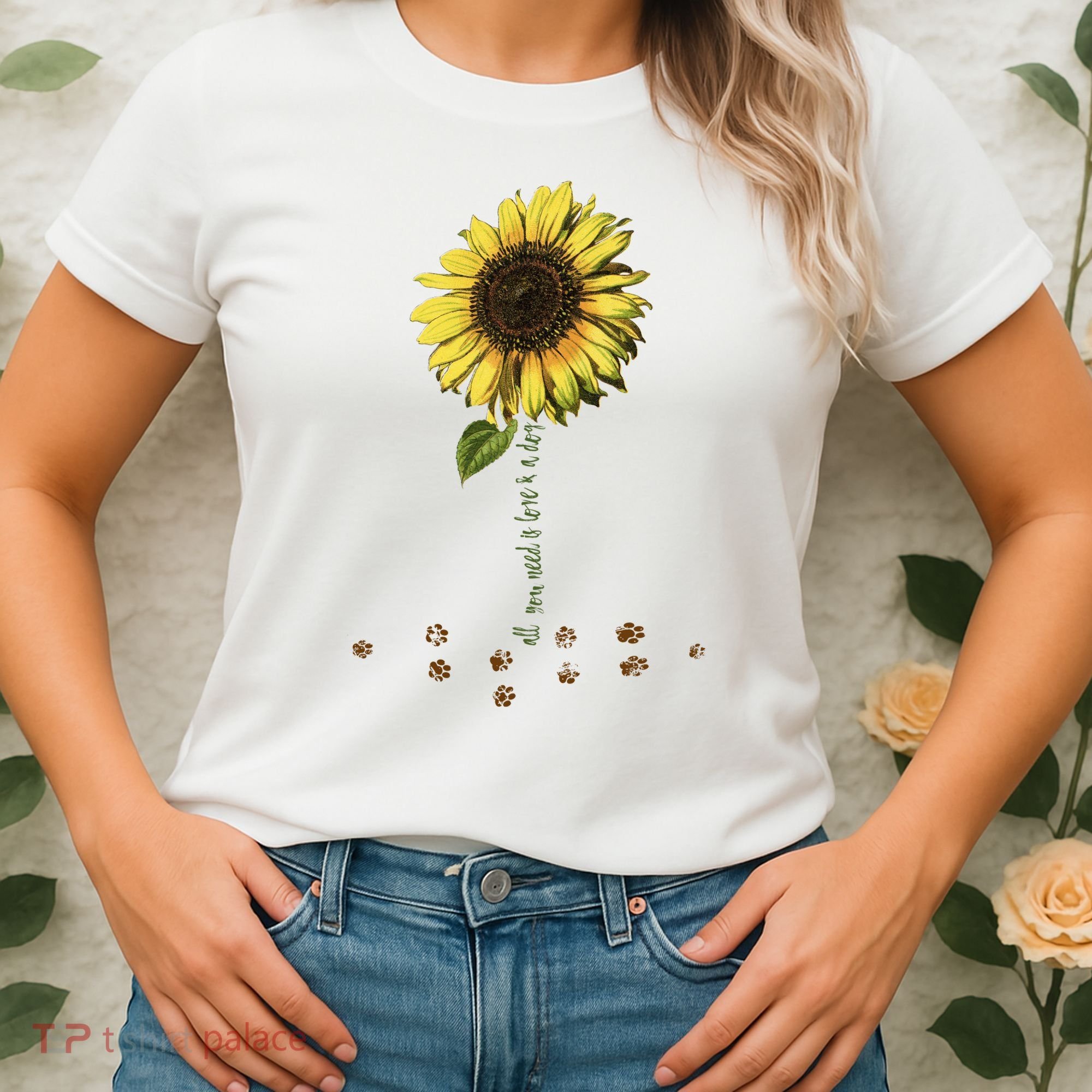 All You Need Is A Dog And Love Sunflower Paw Prints Gift Women's T-Shirt