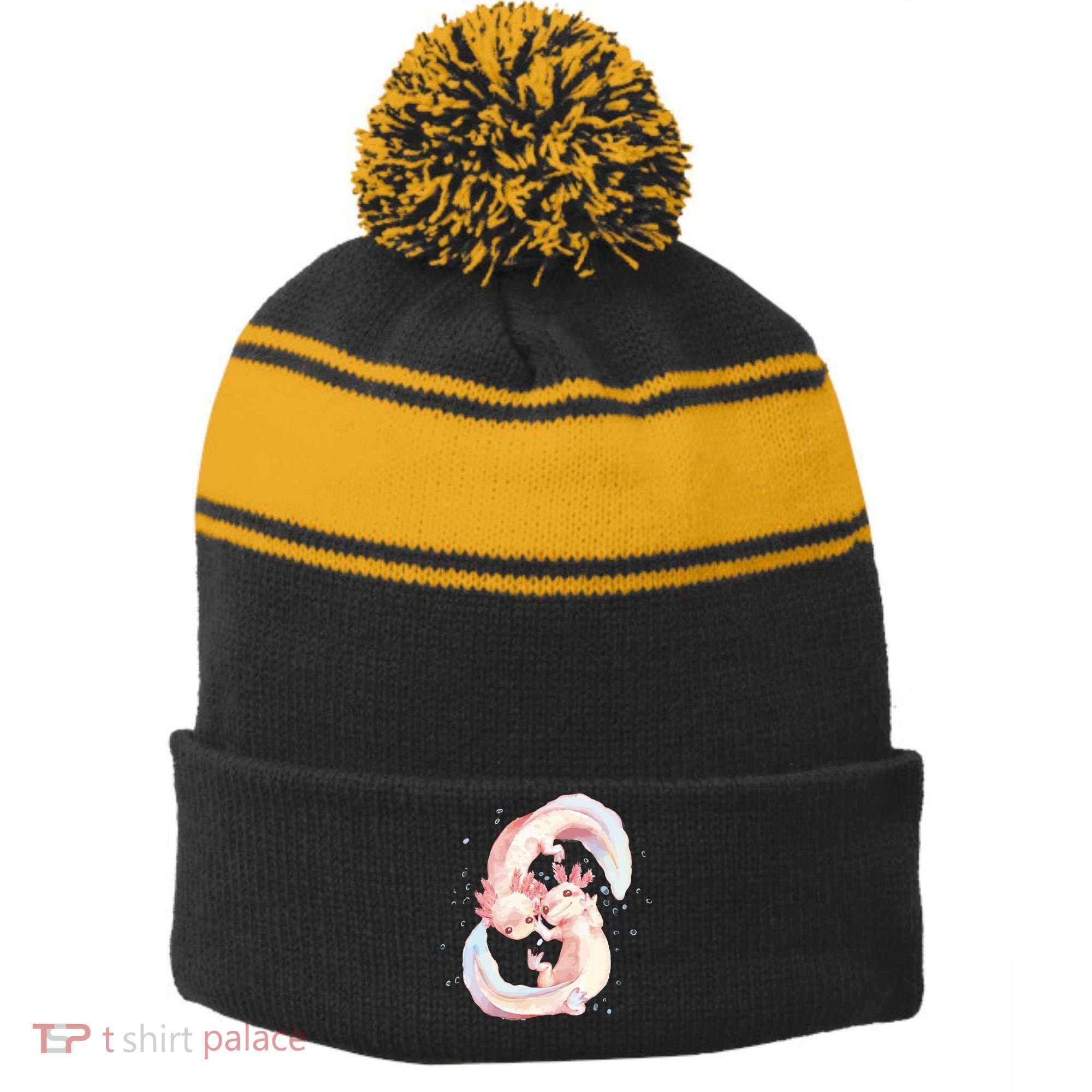 Axolotl Ying Yang Stripe Pom Pom Beanie