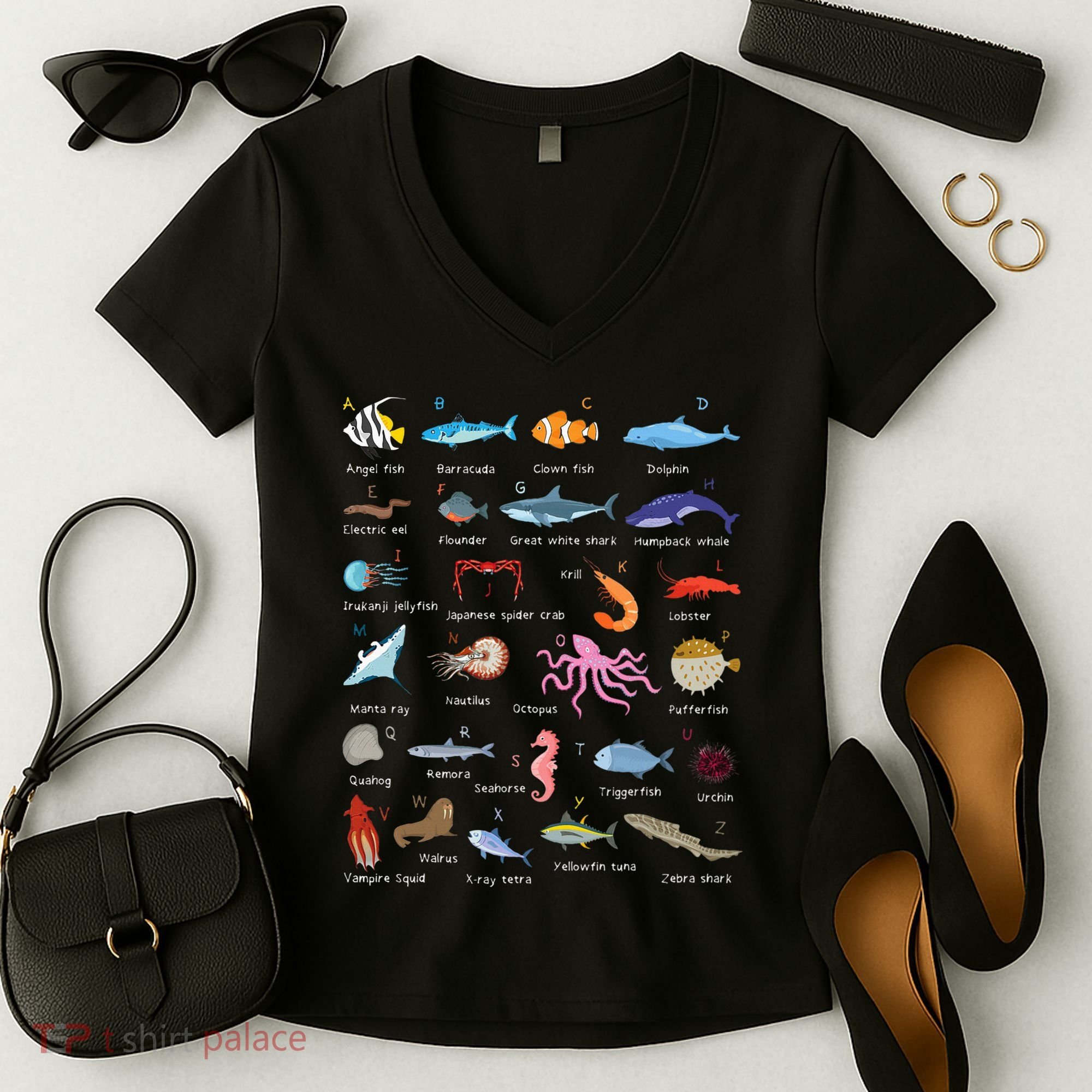 A Z Ocean Life Exploration Sea Creatures Alphabet Women's V-Neck T-Shirt