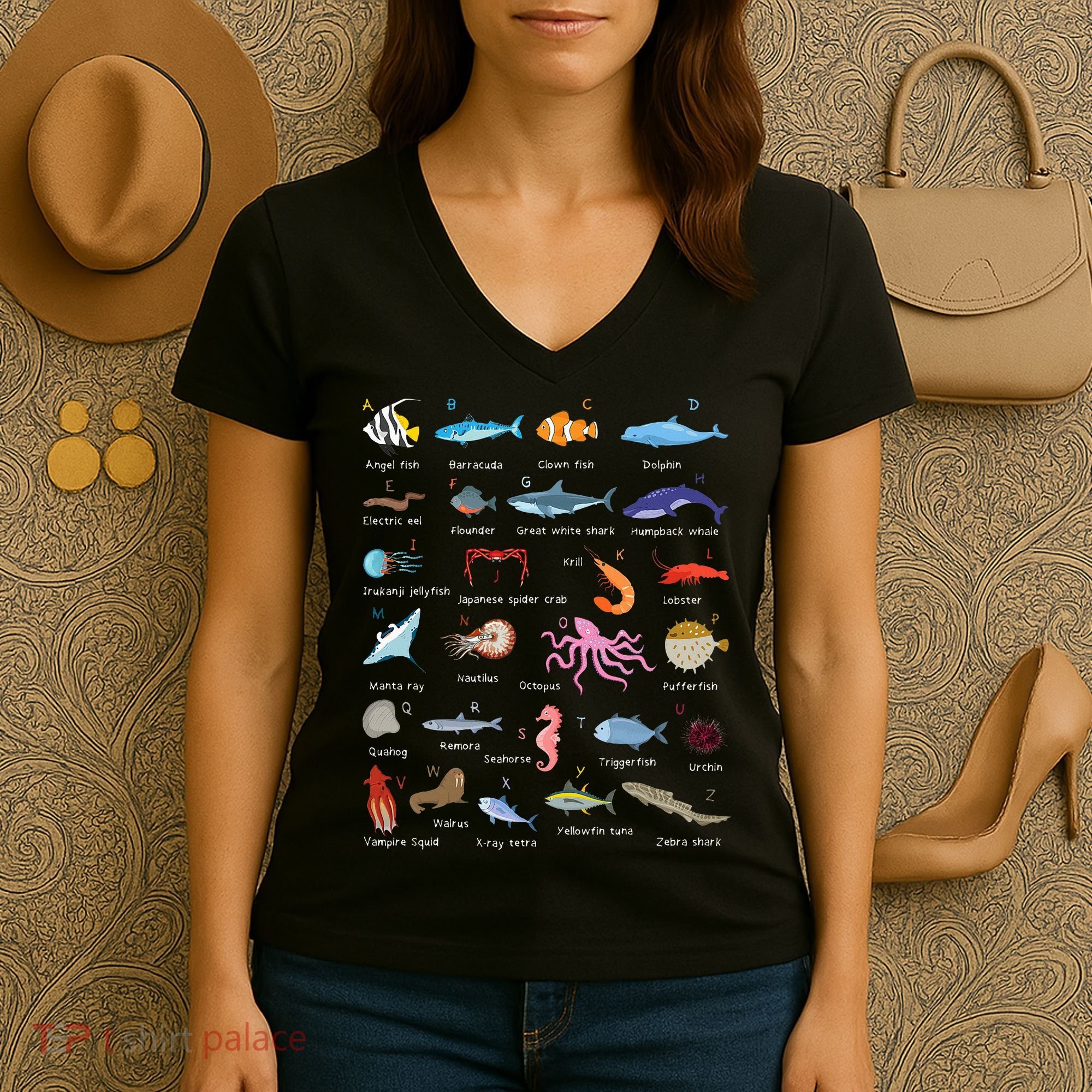 A Z Ocean Life Exploration Sea Creatures Alphabet Women's V-Neck T-Shirt