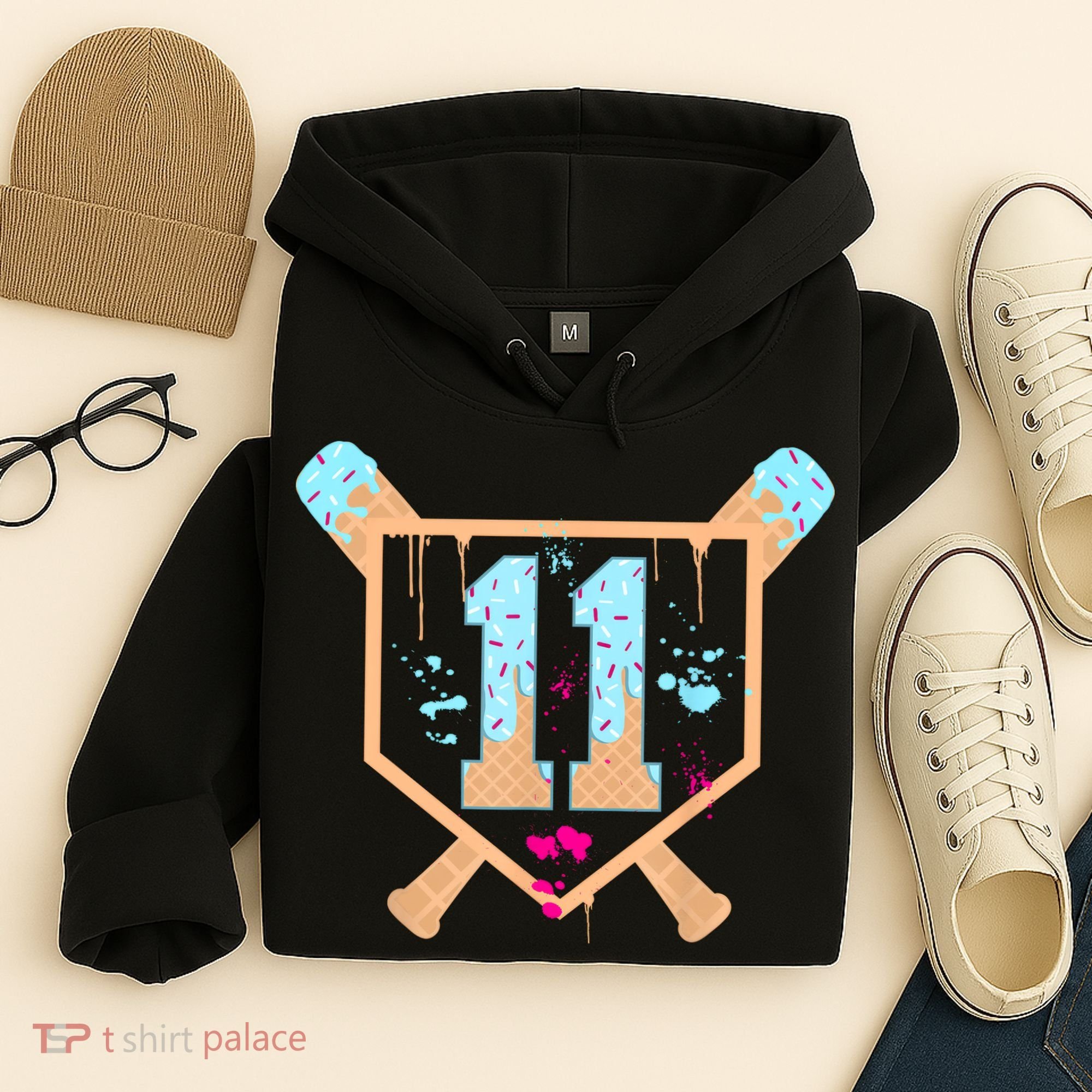 Baseball 11 Year Old Ice Cream Drip 11th Birthday Boy 11  Hoodie