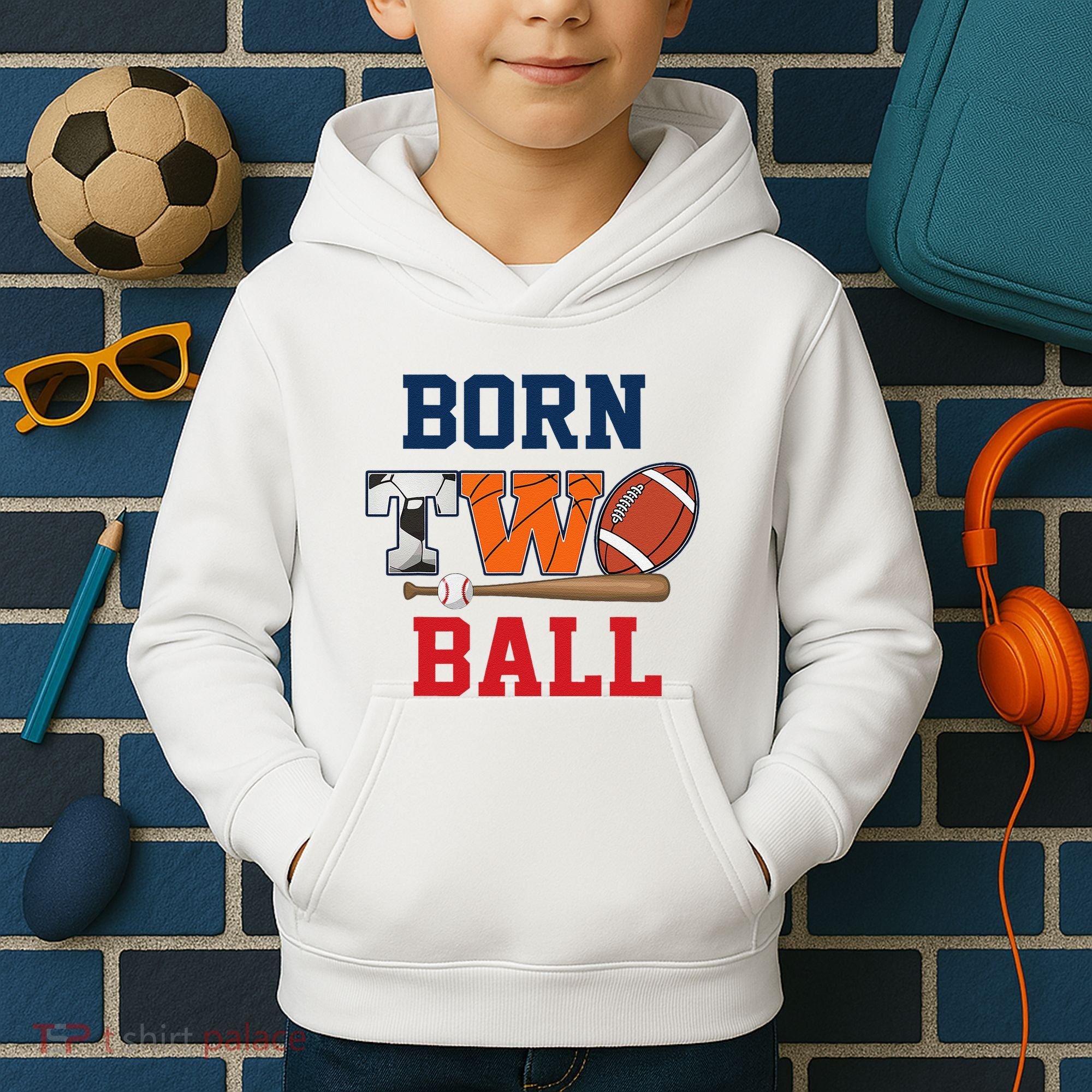 Born 2 Ball 2nd Birthday Sports 2 Year Old Second Bday Kids Hoodie