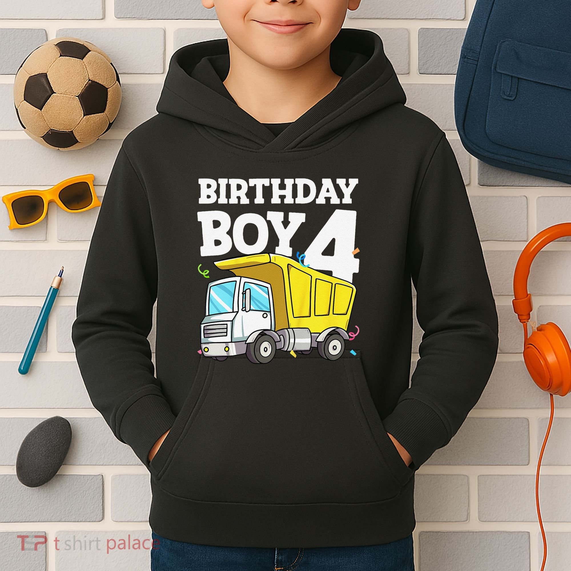 Birthday 4 Four Construction Truck 4th Birthday (1) Kids Hoodie