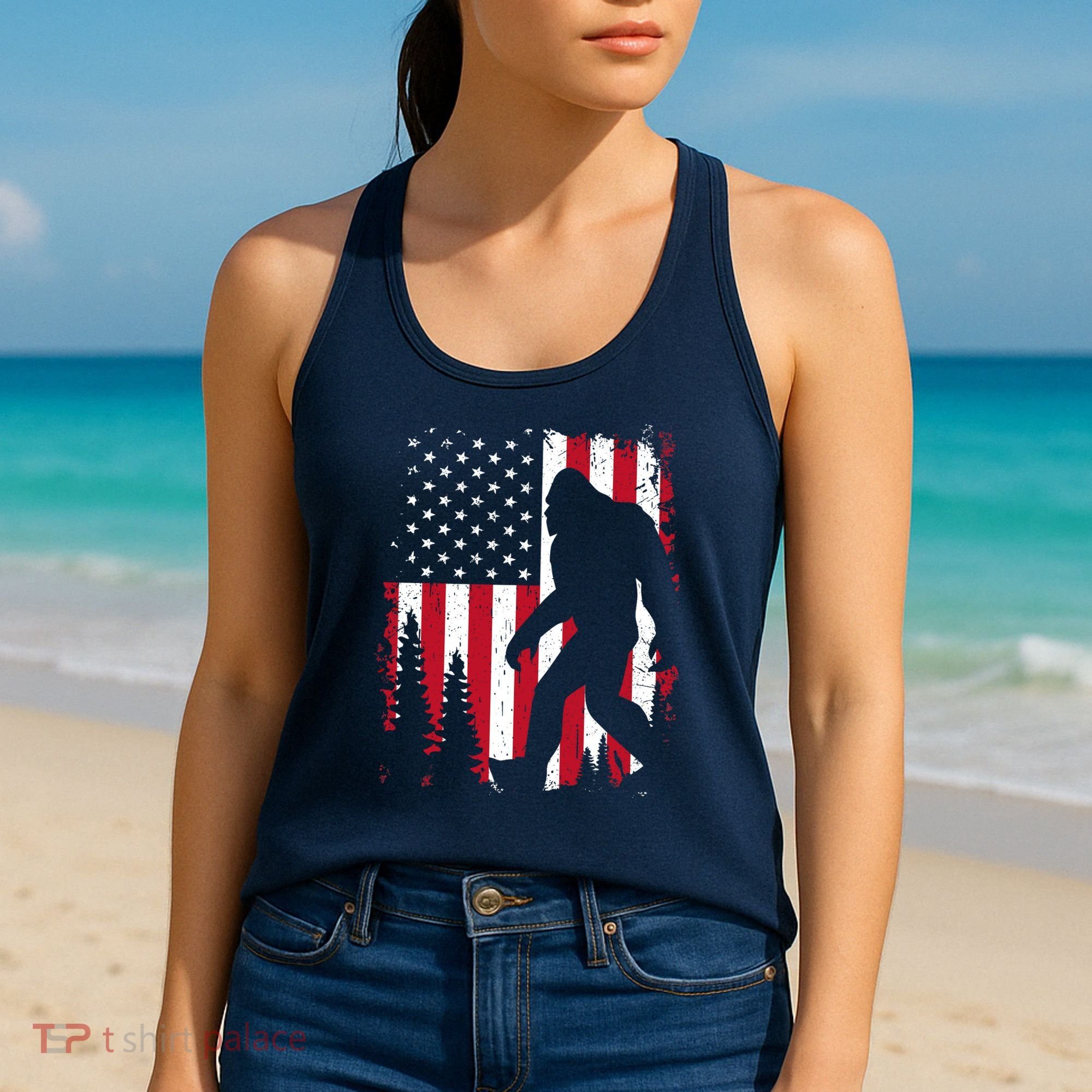Bigfoot 4th of July American USA Flag Patriotic Women's Tank Top