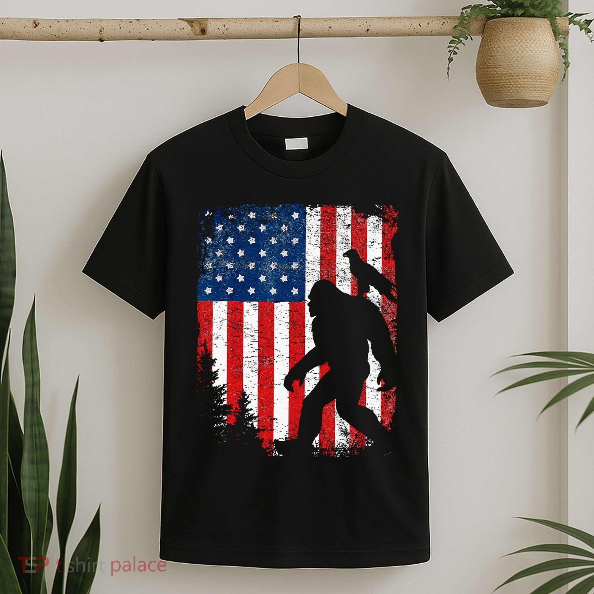 Bigfoot 4th of July Bald Eagle American USA Flag Patriotic T-Shirt
