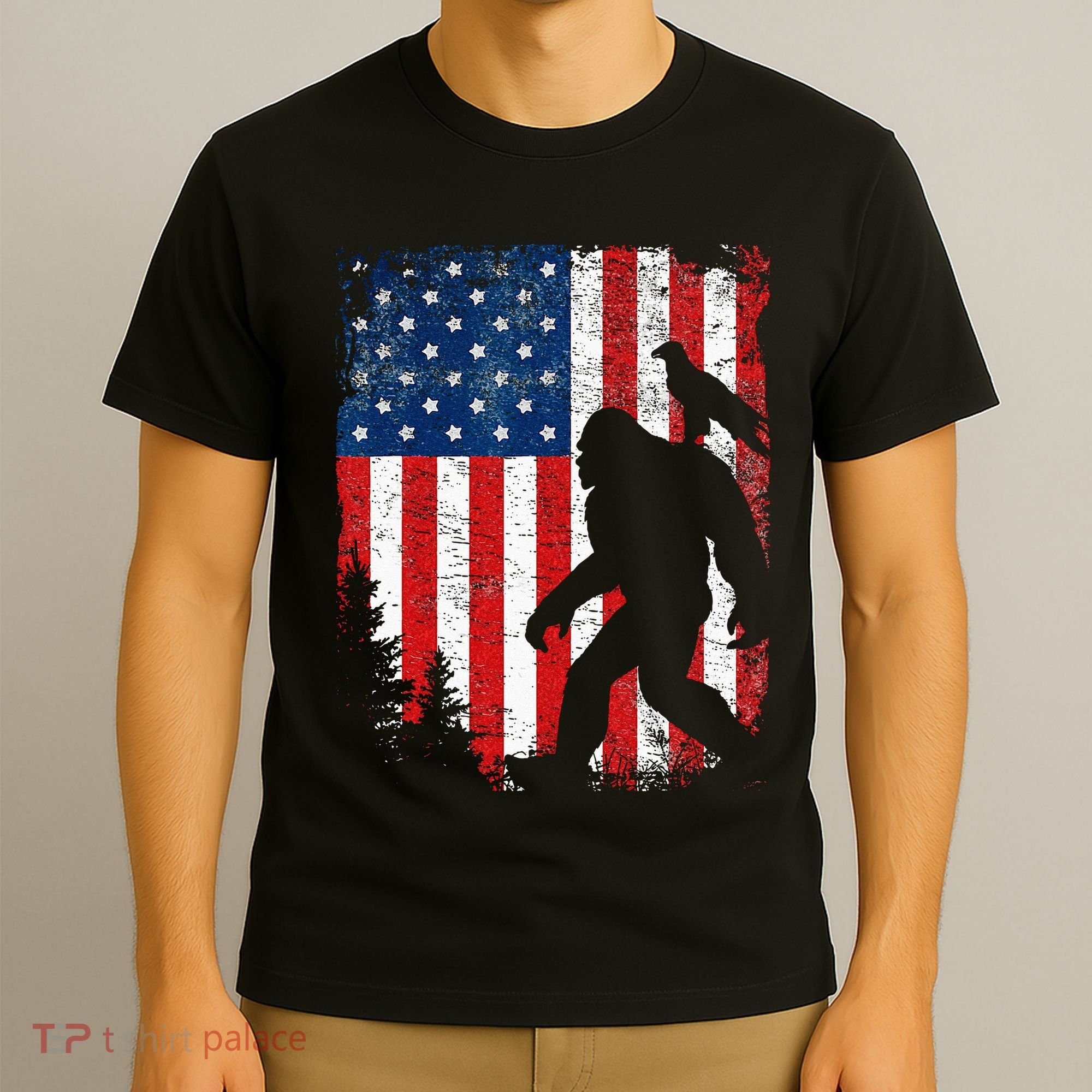 Bigfoot 4th of July Bald Eagle American USA Flag Patriotic T-Shirt
