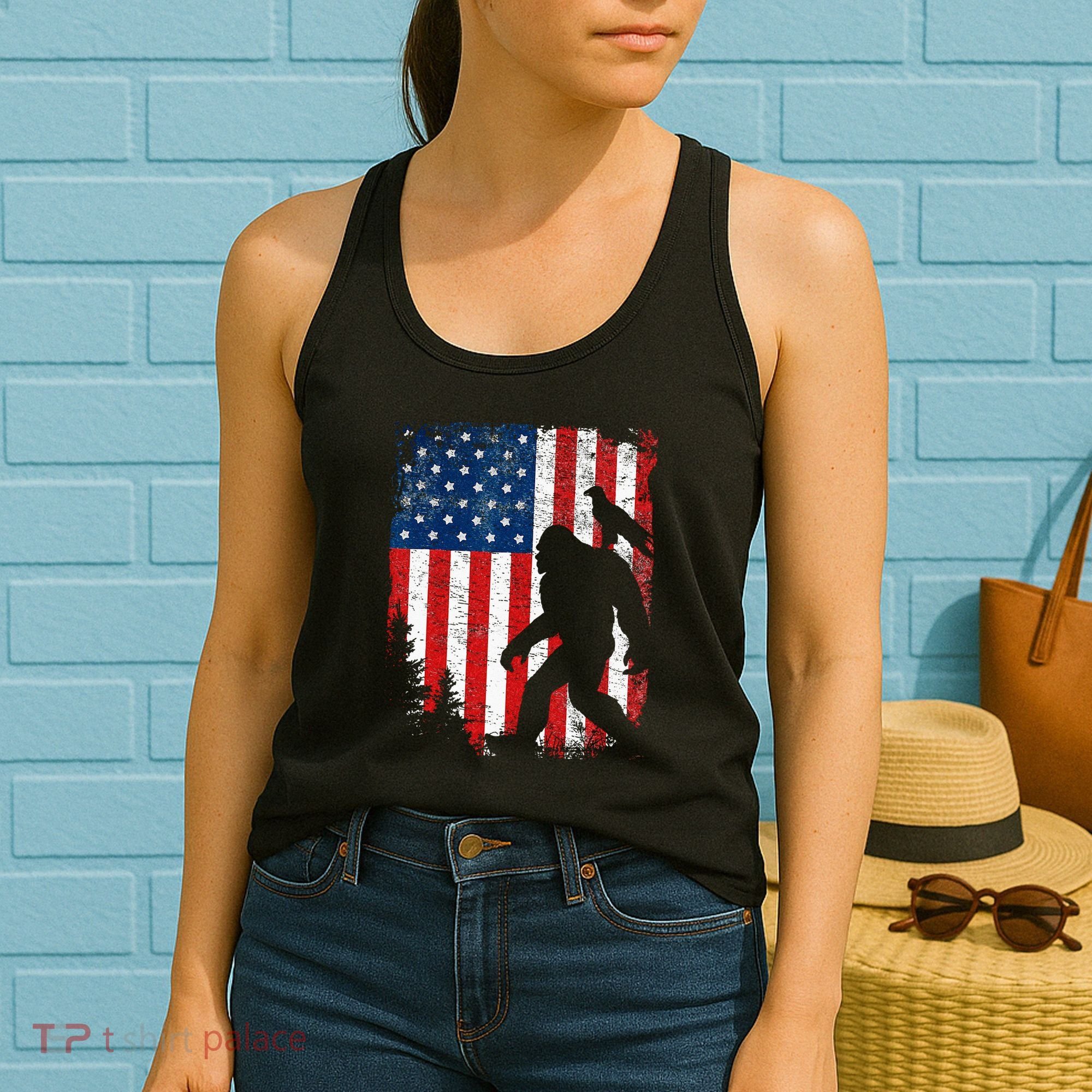 Bigfoot 4th of July Bald Eagle American USA Flag Patriotic Women's Tank Top