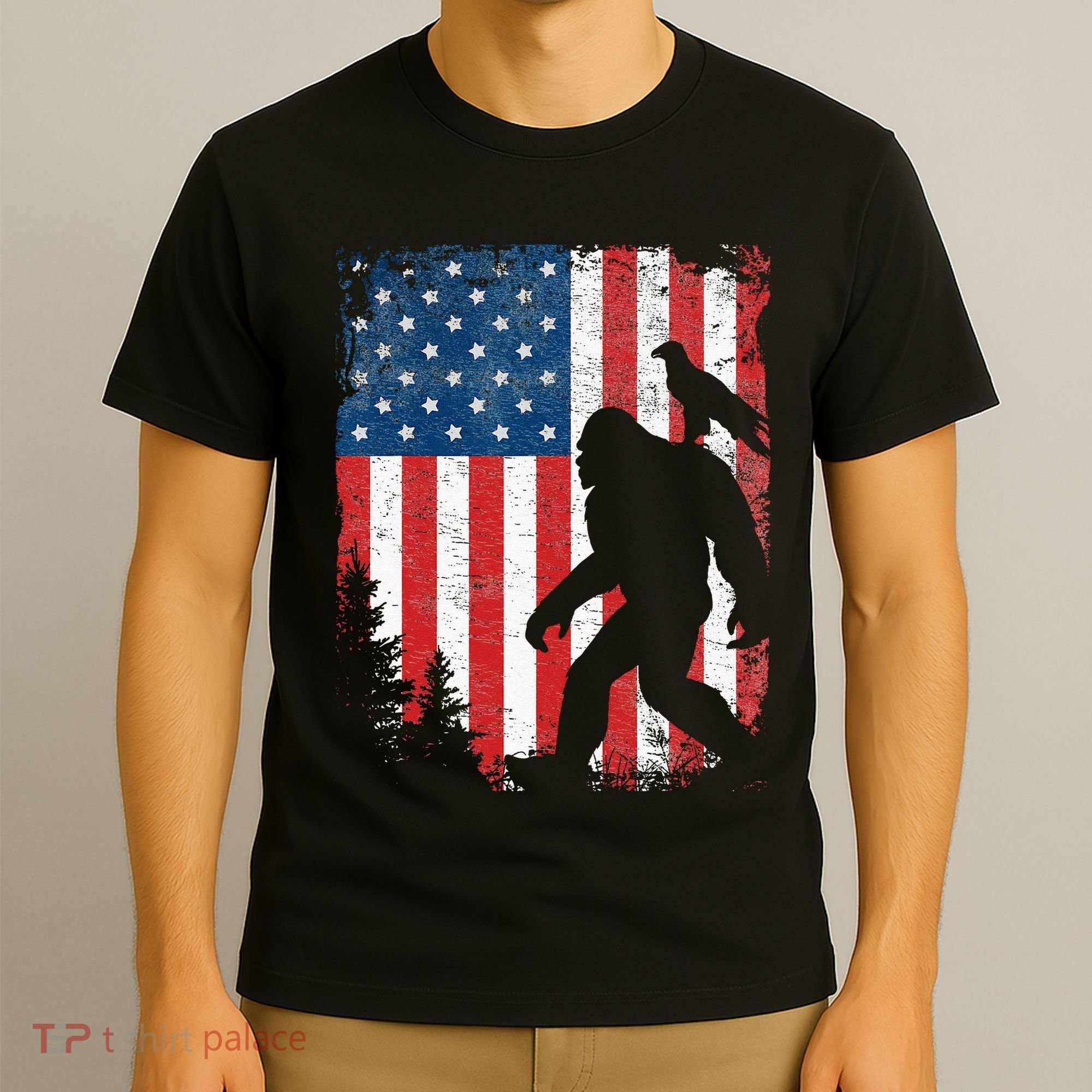 Bigfoot 4th of July Bald Eagle American USA Flag Patriotic T-Shirt
