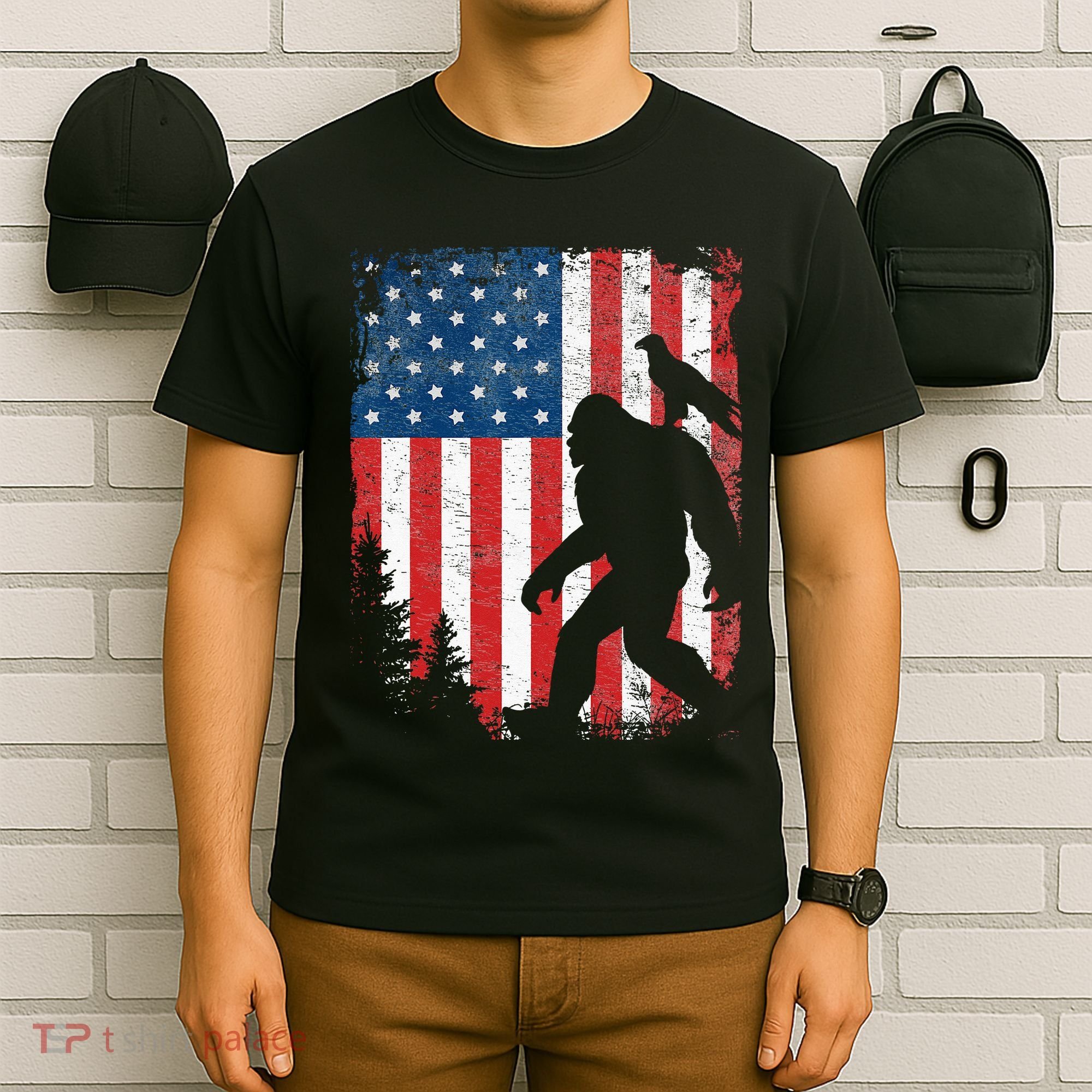 Bigfoot 4th of July Bald Eagle American USA Flag Patriotic T-Shirt