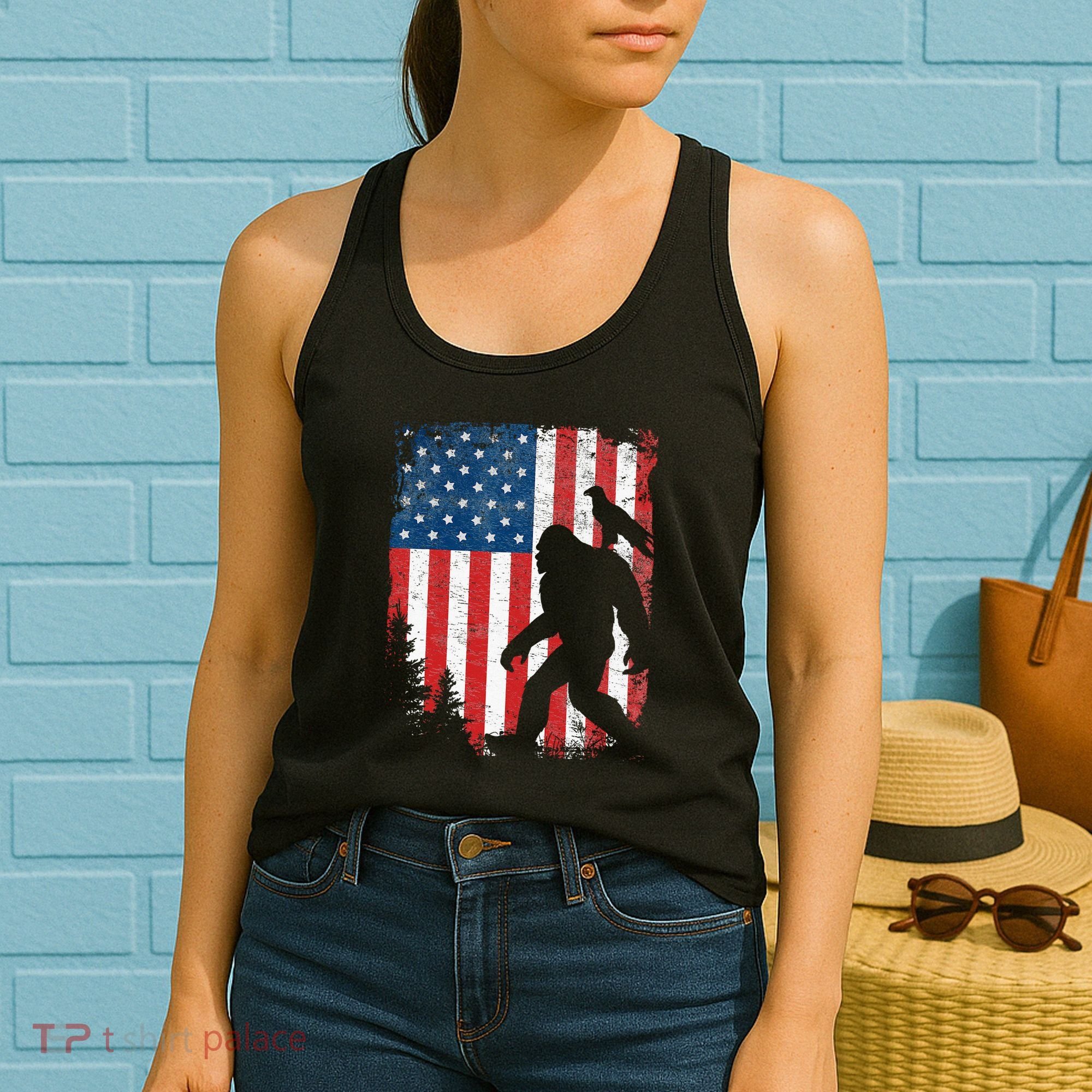 Bigfoot 4th of July Bald Eagle American USA Flag Patriotic Women's Tank Top