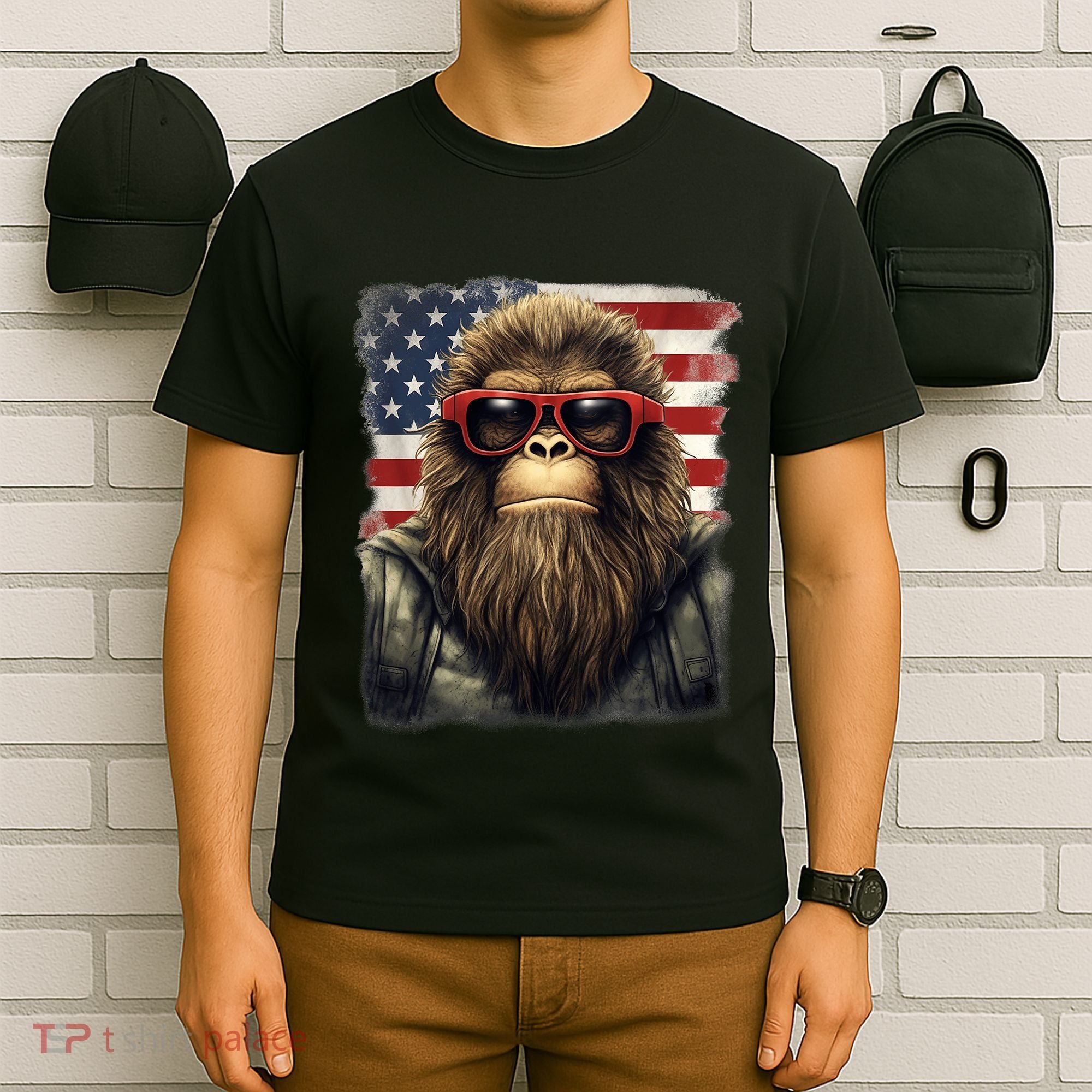 Bigfoot 4th Of July American USA Flag Patriotic T-Shirt