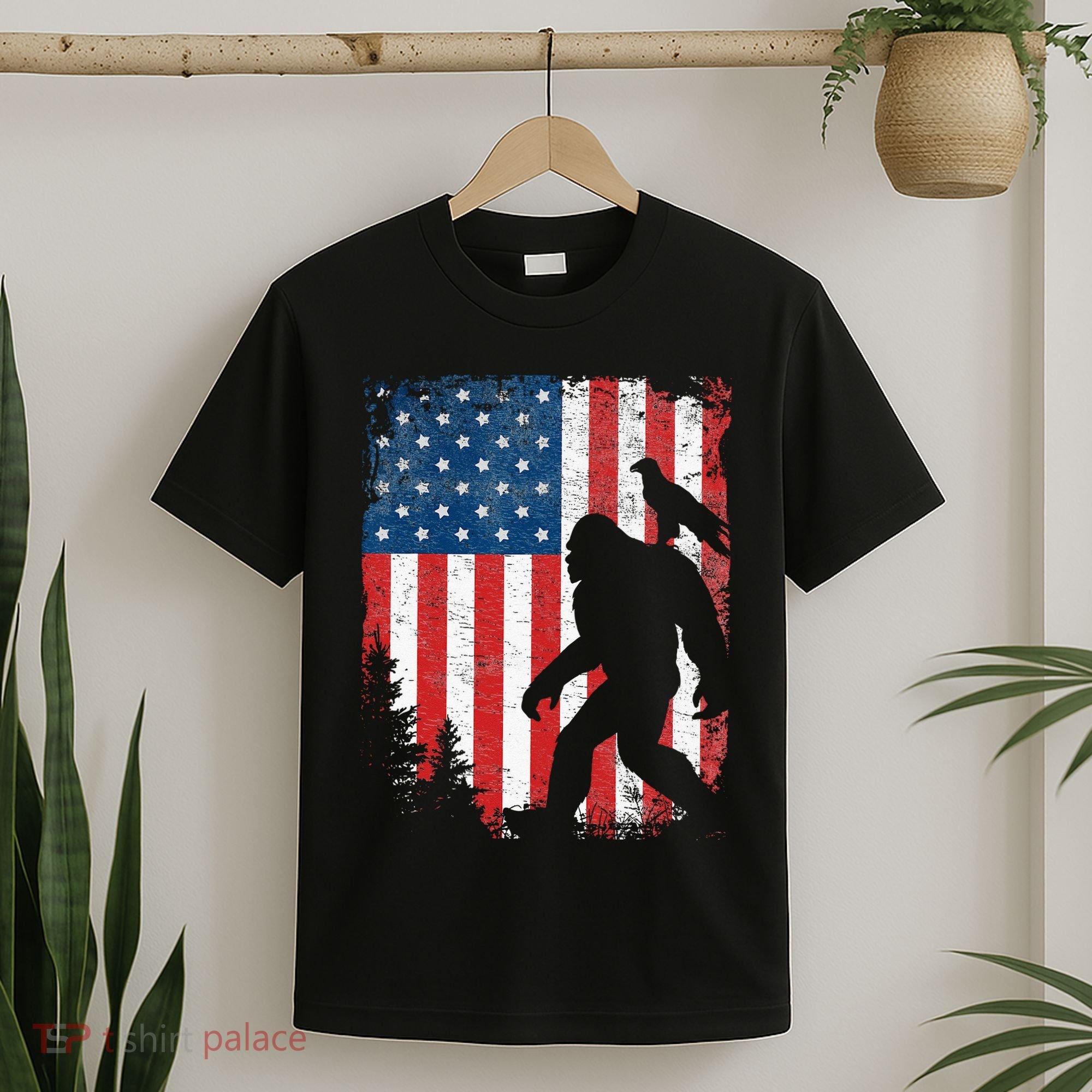 Bigfoot 4th Of July Bald Eagle American USA Flag Patriotic T-Shirt