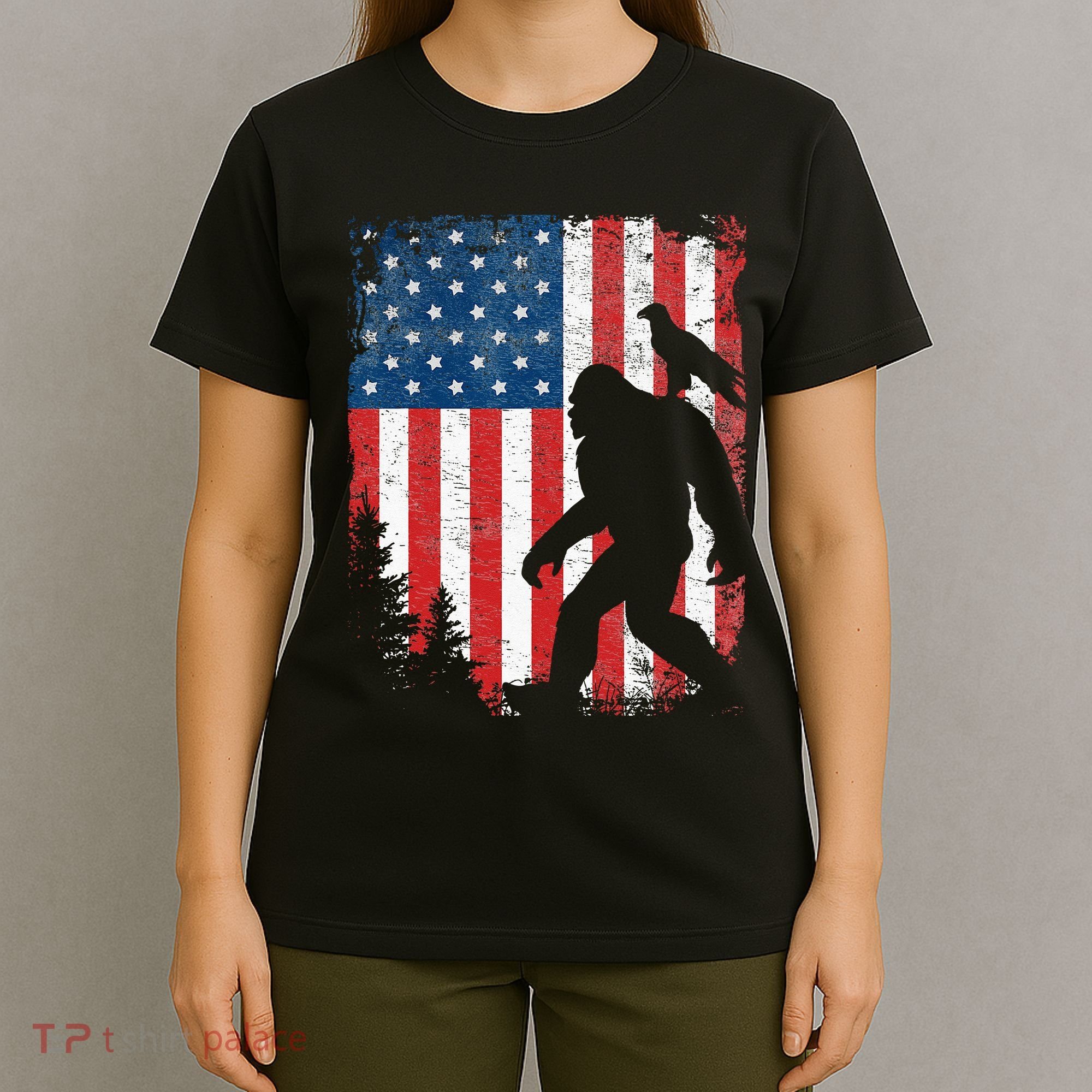Bigfoot 4th Of July Bald Eagle American USA Flag Patriotic T-Shirt
