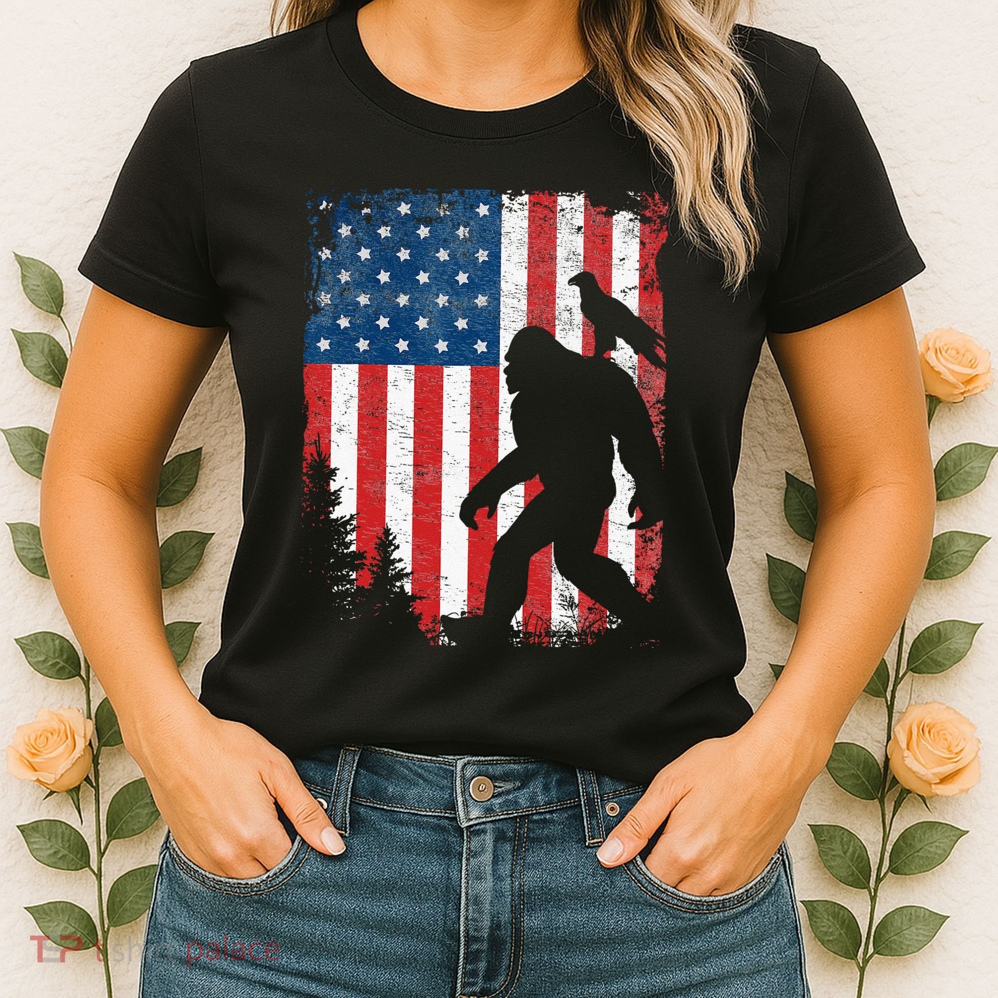 Bigfoot 4th Of July Bald Eagle American USA Flag Patriotic Women's T-Shirt