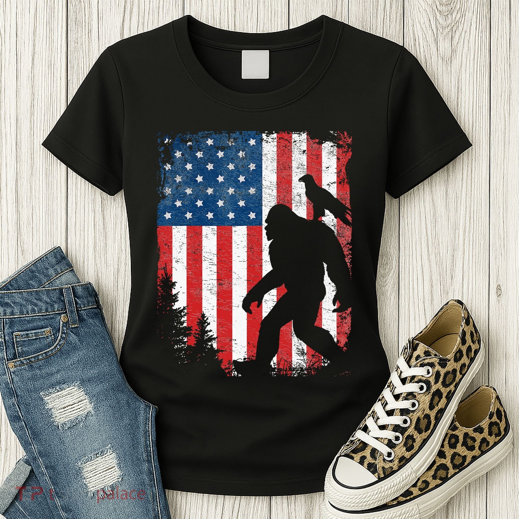 Bigfoot 4th Of July Bald Eagle American USA Flag Patriotic Women's T-Shirt