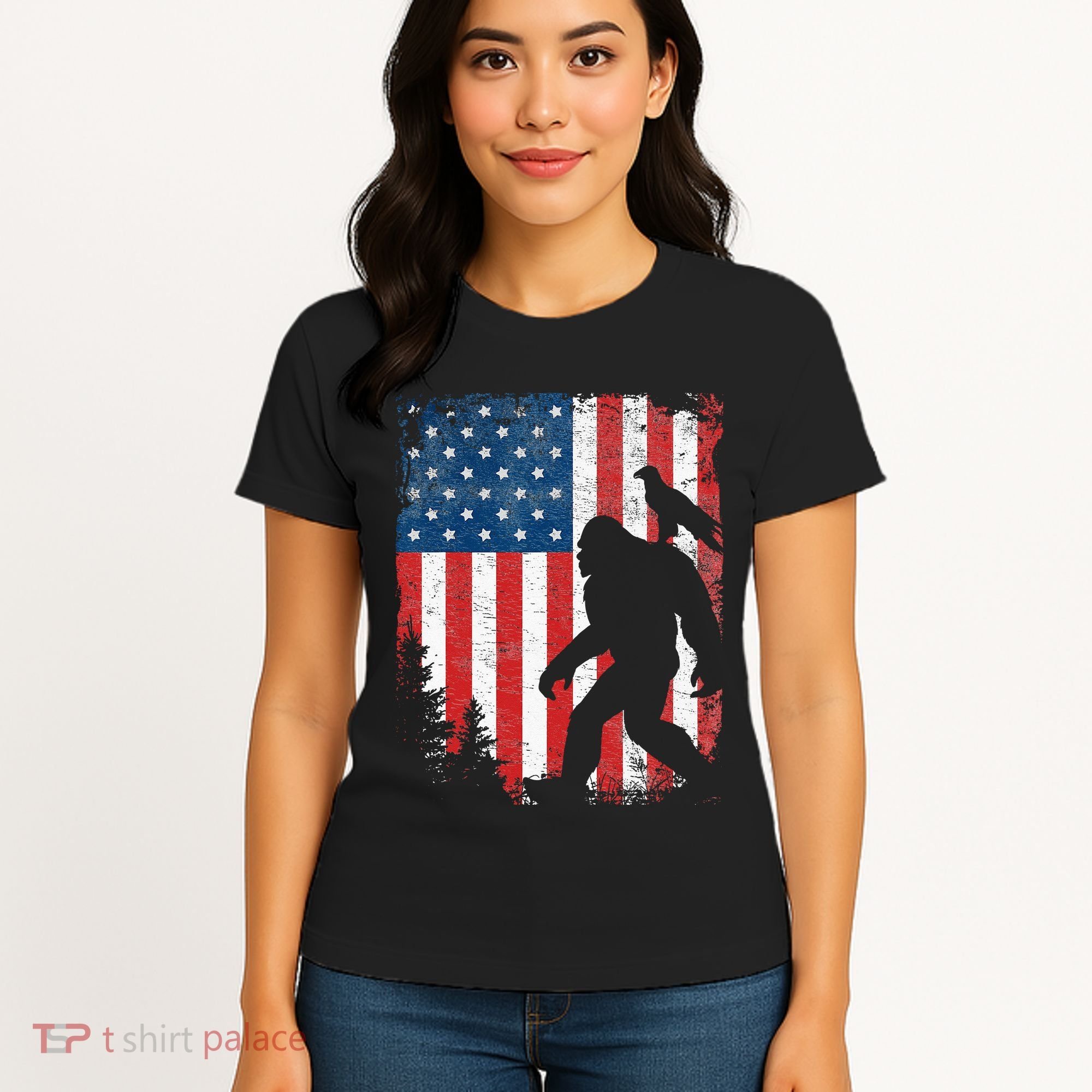 Bigfoot 4th Of July Bald Eagle American USA Flag Patriotic Women's T-Shirt