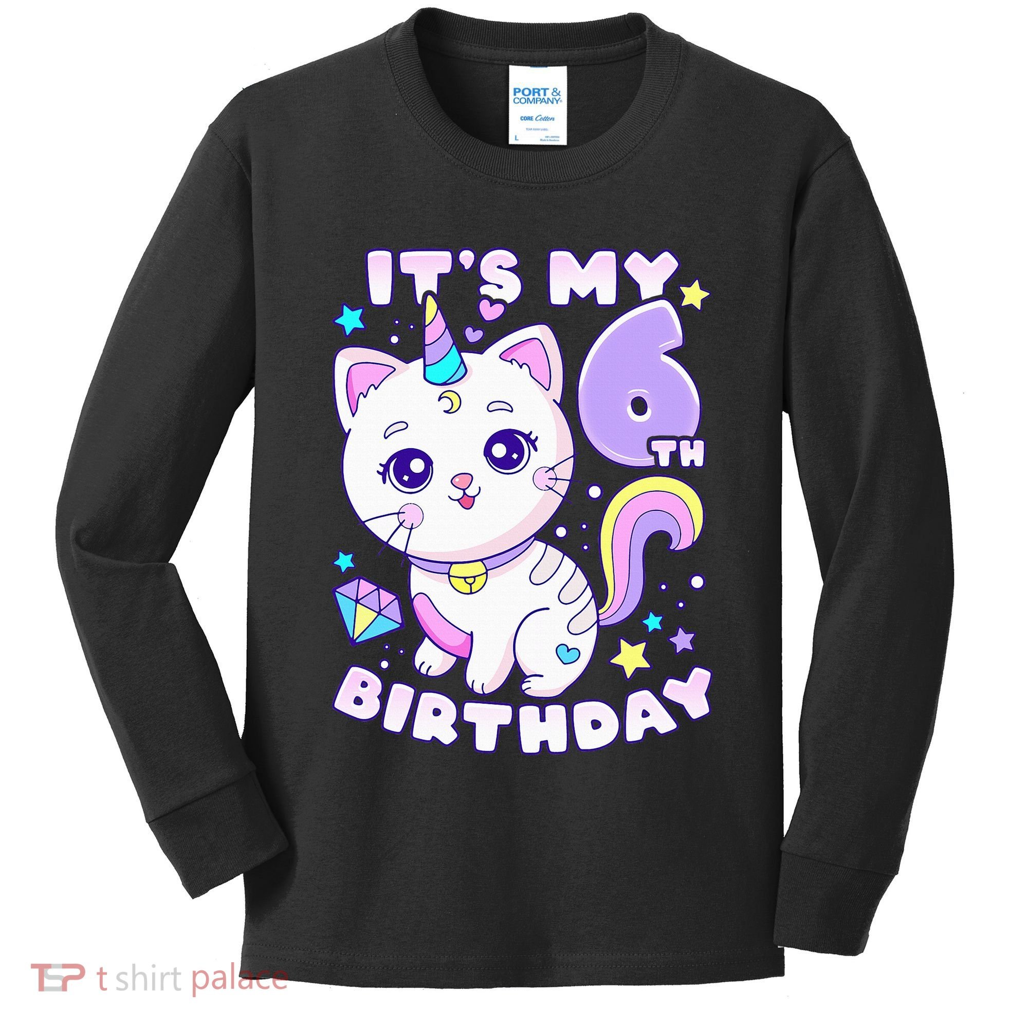 Birthday 6 years old cat unicorn 6th birthday Kids Long Sleeve Shirt