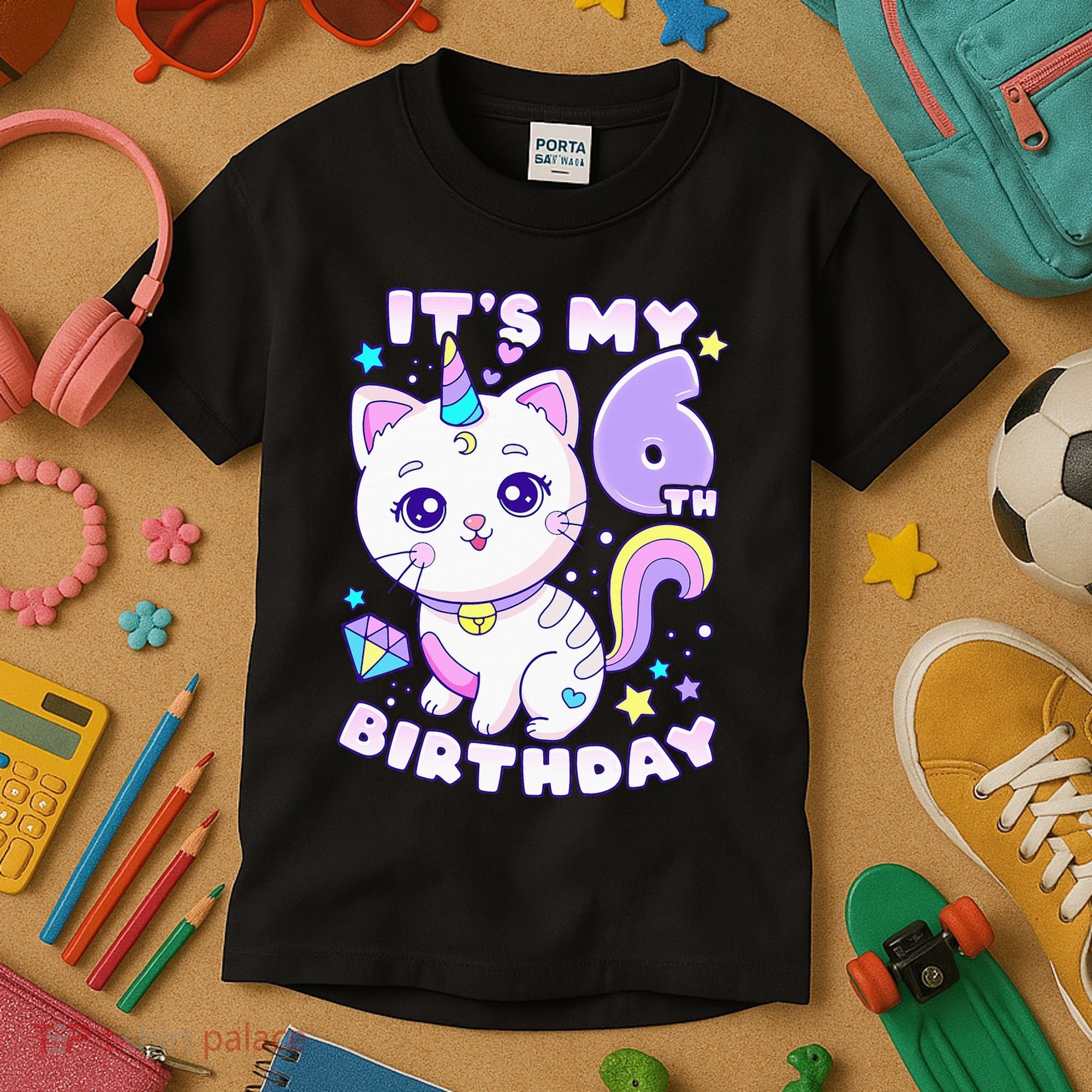 Birthday 6 years old cat unicorn 6th birthday Kids T-Shirt