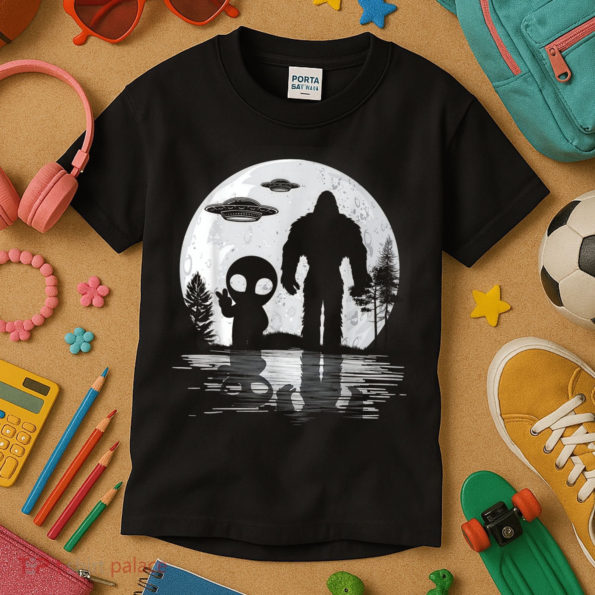 Bigfoot And Alien UFO Moon Sasquatch Bigfoot Lovers Kids T-Shirt